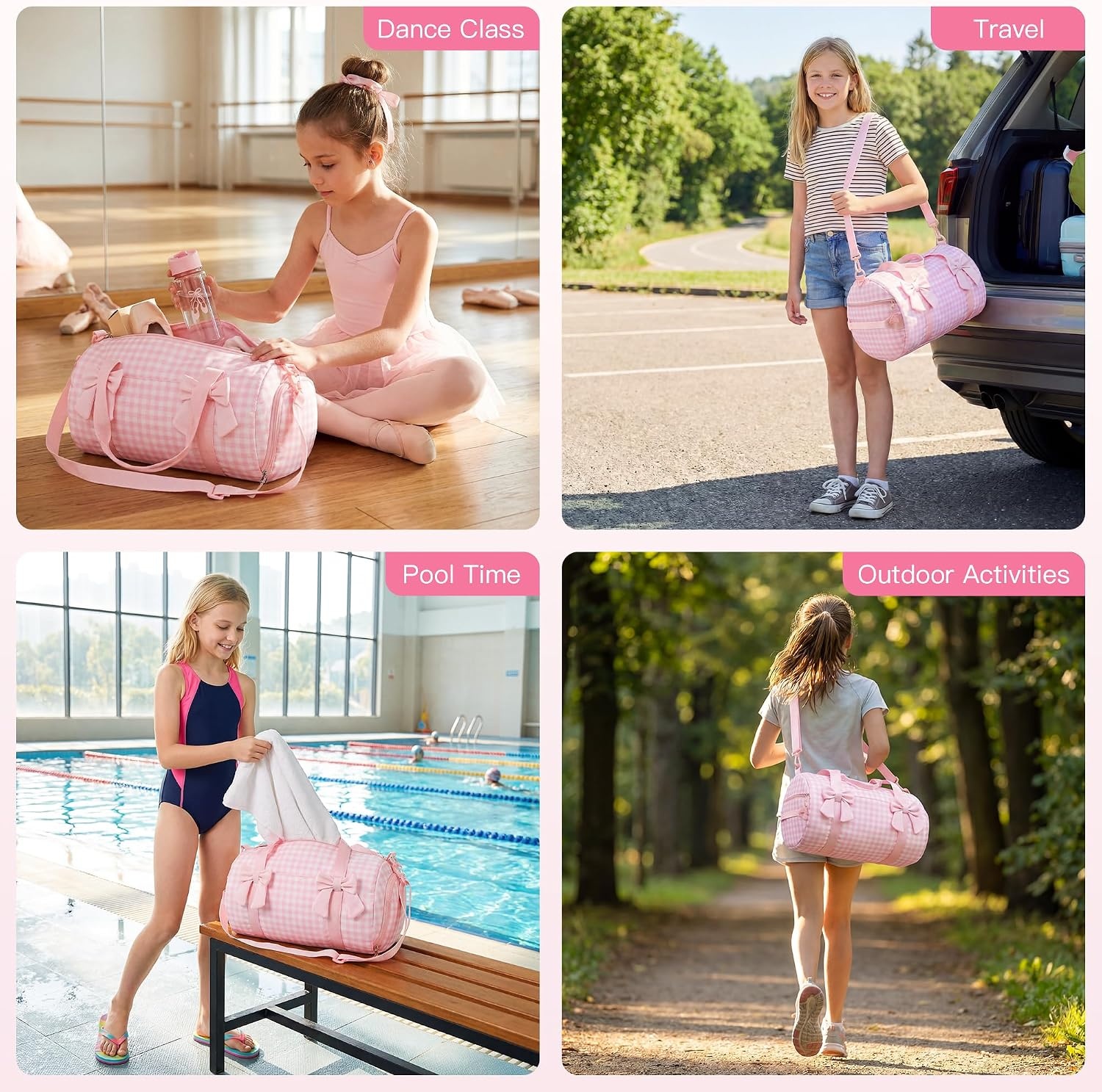 STELLE Dance Bag for Girls Pink Gymnastics Duffle Bag with Shoe Compartment Kids Cheer Bags Ballet Gifts Sports Gym Travel(Pink Gingham,F)(Pink Gingham)
