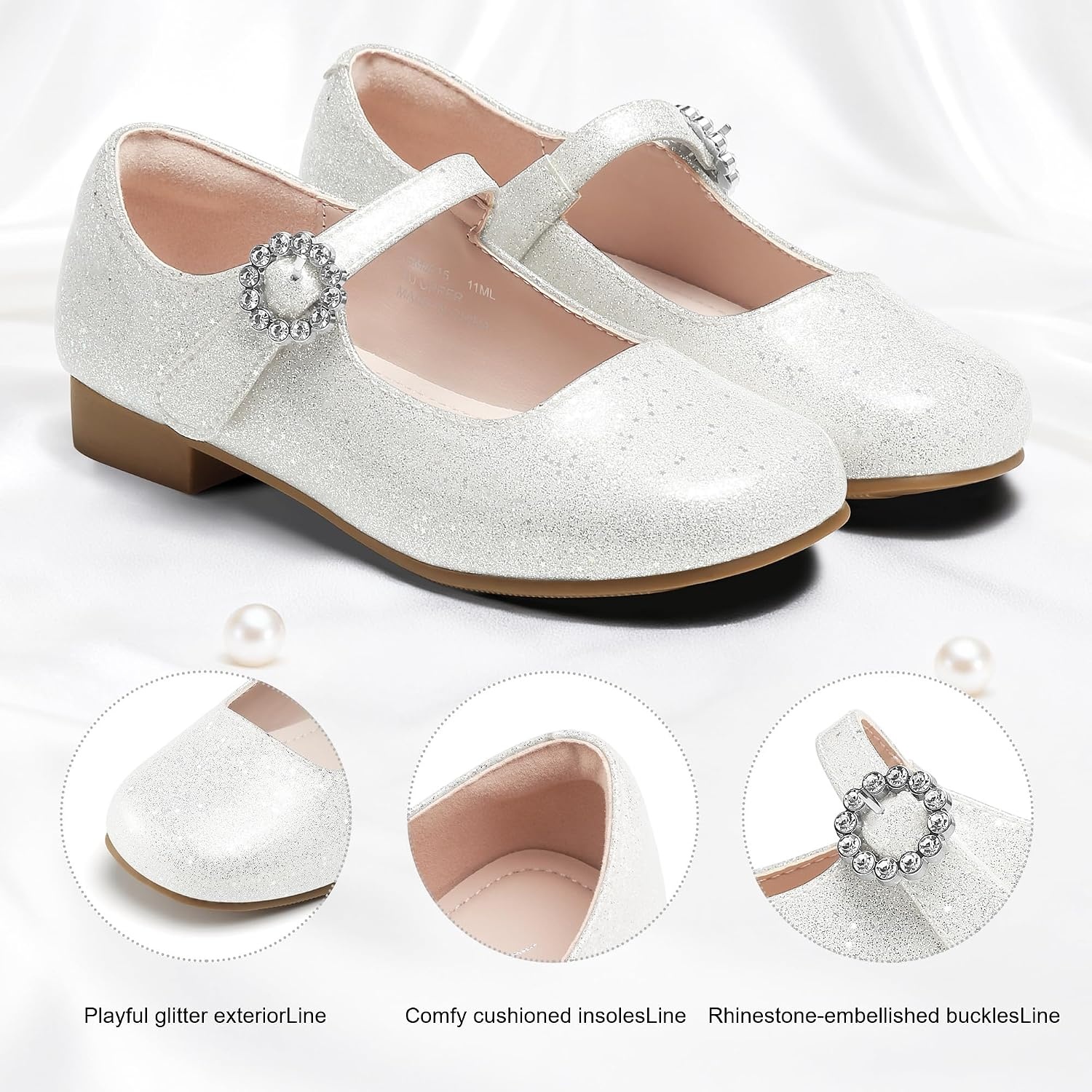 Stelle Girls Dress Shoes Rhinestone Buckle Mary Janes for School Wedding(Pearl Glimmer)