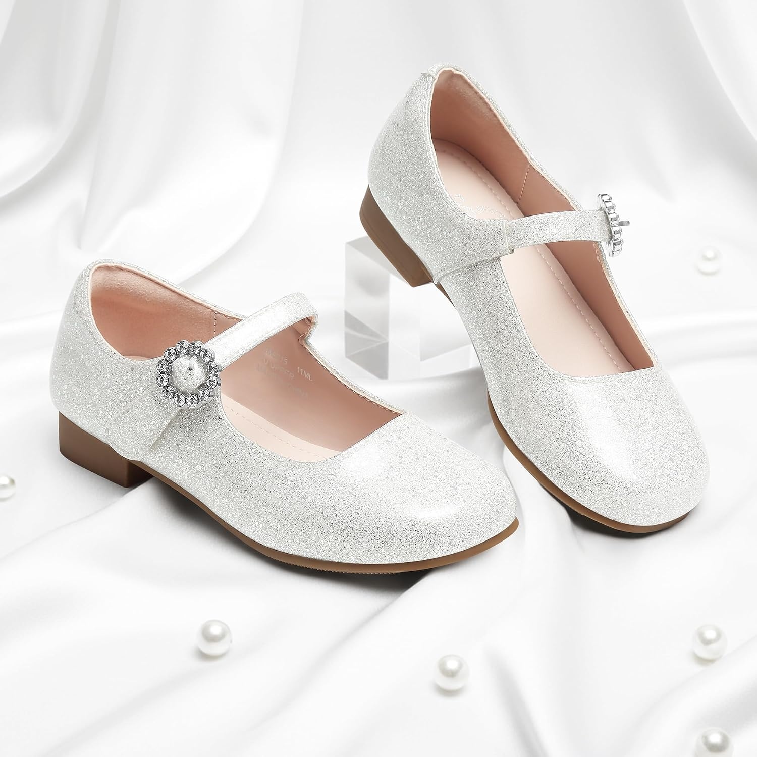 Stelle Girls Dress Shoes Rhinestone Buckle Mary Janes for School Wedding(Pearl Glimmer)