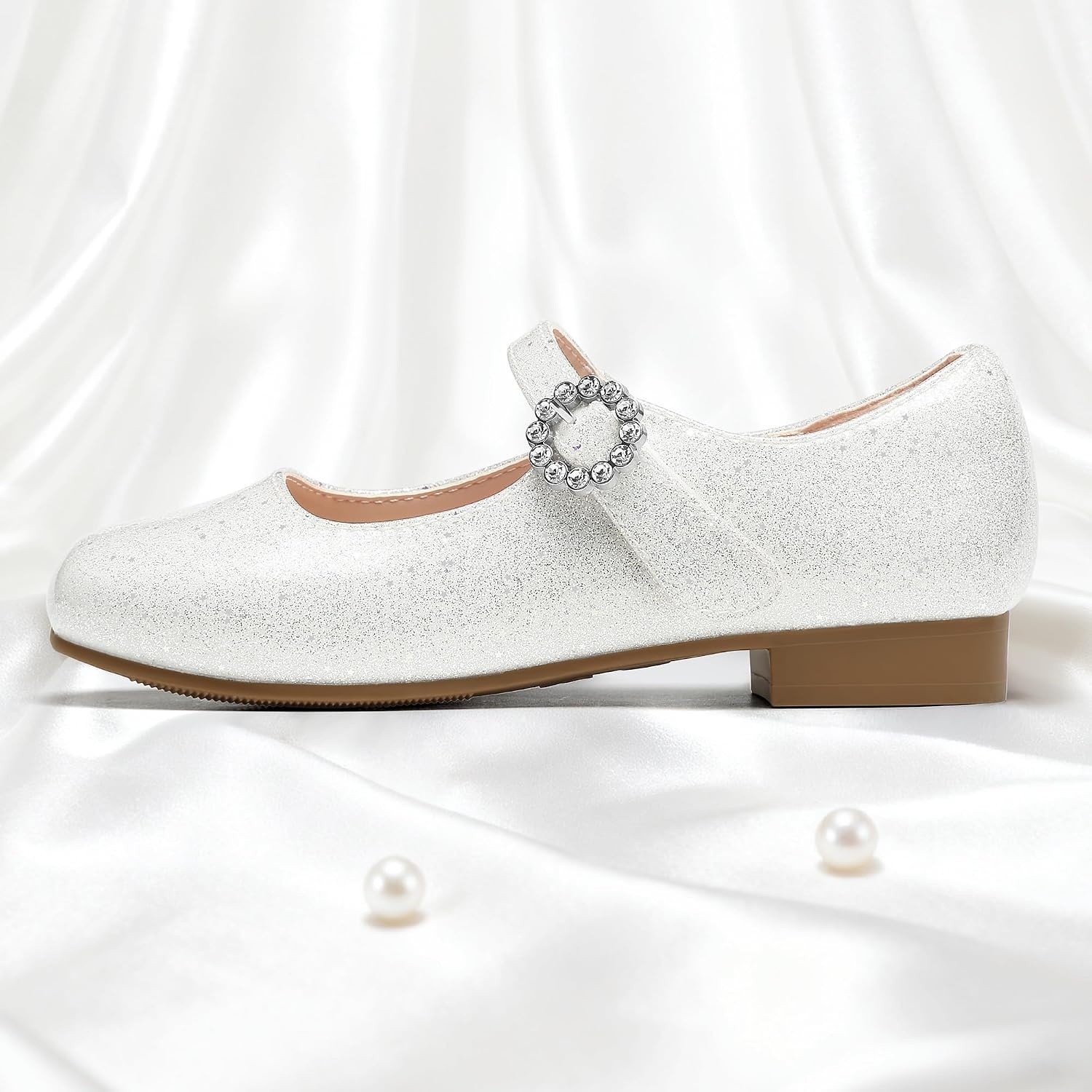 Stelle Girls Dress Shoes Rhinestone Buckle Mary Janes for School Wedding(Pearl Glimmer)