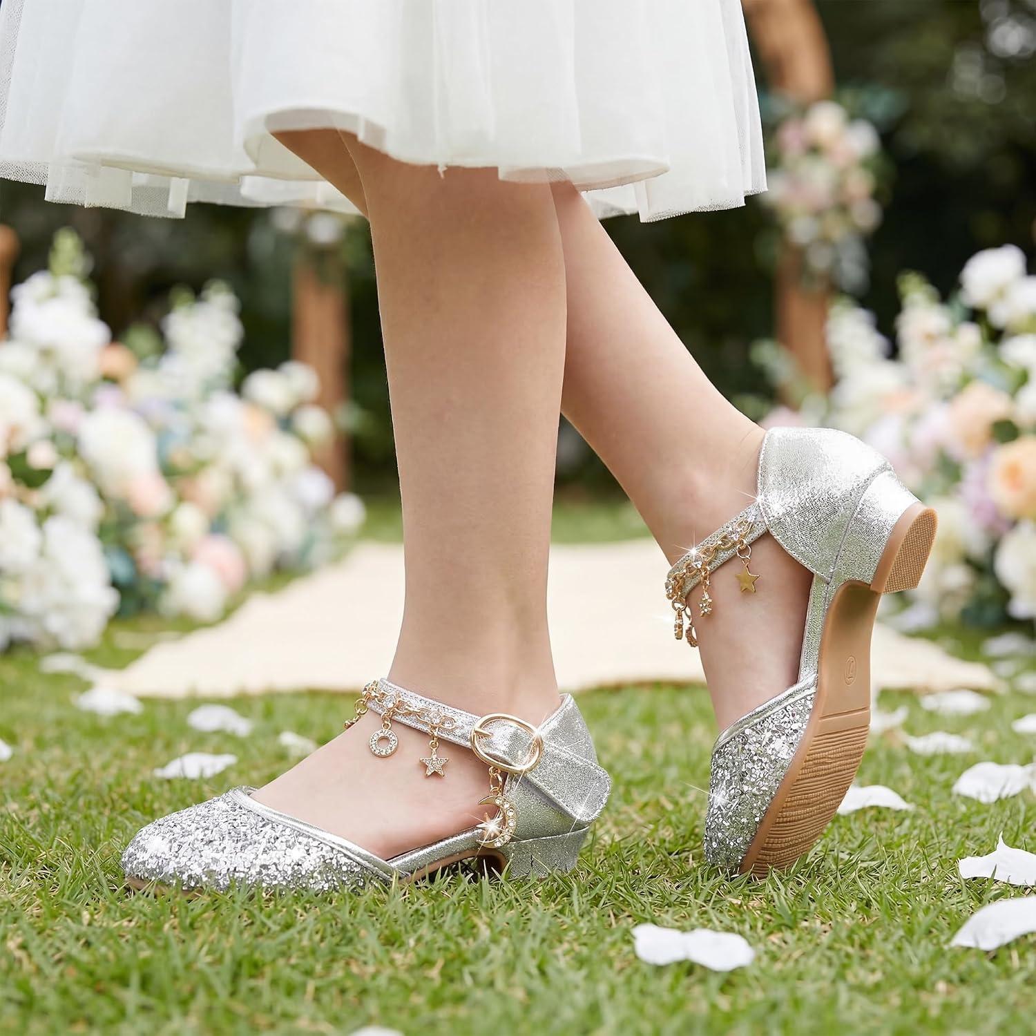 Stelle Girls High Heels Sequins Dress Sandals Princess Dress Shoes Flower Wedding Party Shoes(Silver)