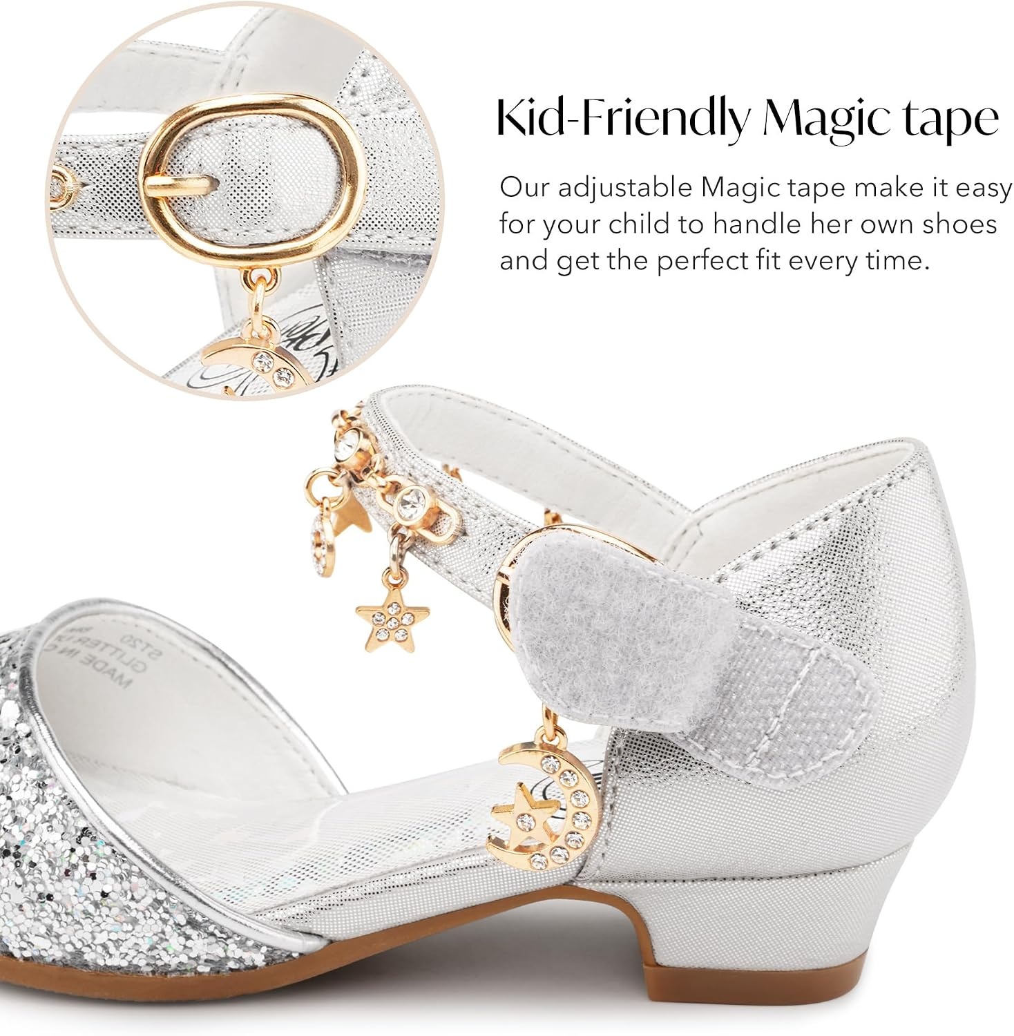 Stelle Girls High Heels Sequins Dress Sandals Princess Dress Shoes Flower Wedding Party Shoes(Silver)