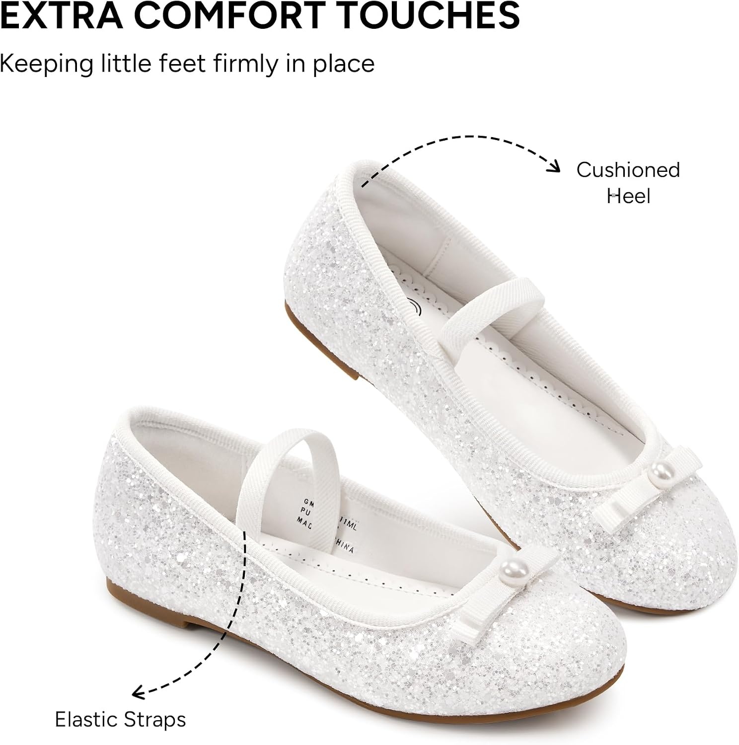 Stelle Girls Glitter Dress Shoes Flats with Pearl Bow for Party Flower Girl(White)