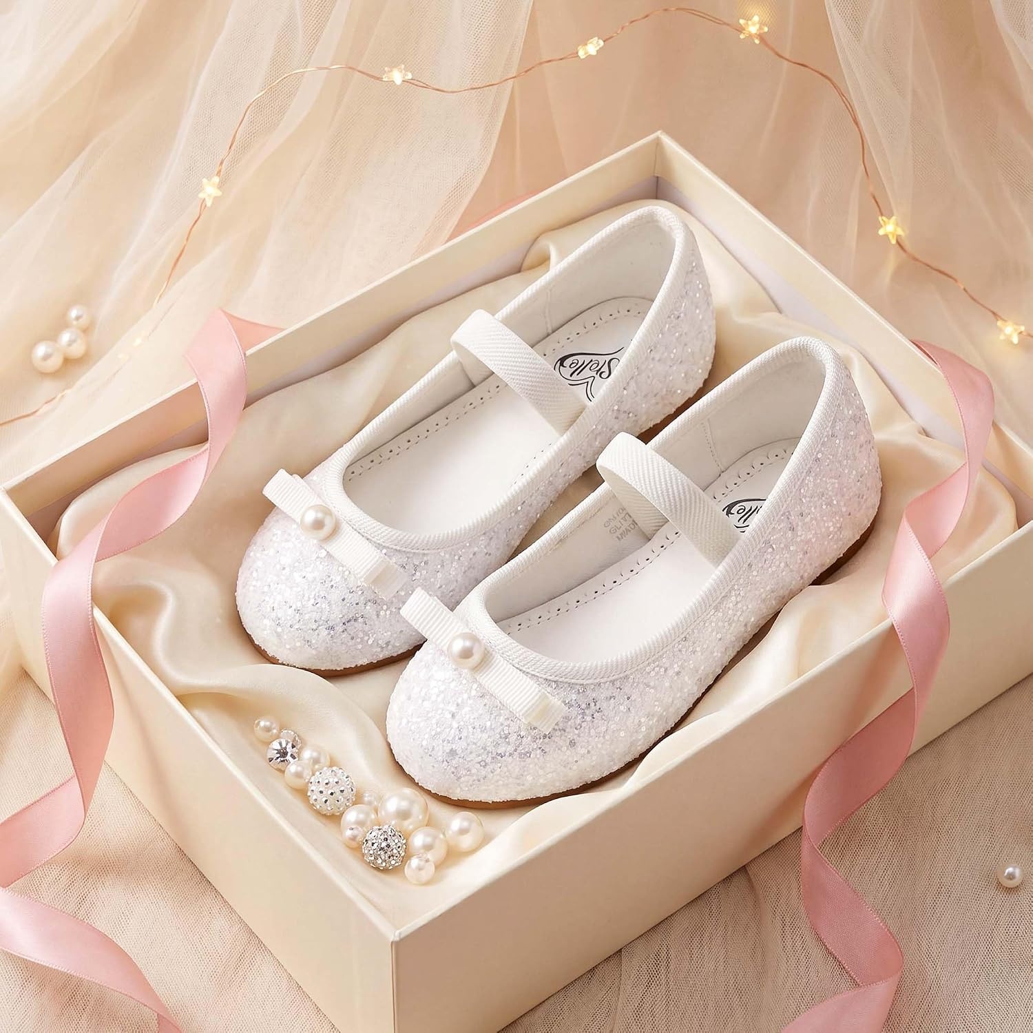 Stelle Girls Glitter Dress Shoes Flats with Pearl Bow for Party Flower Girl(White)
