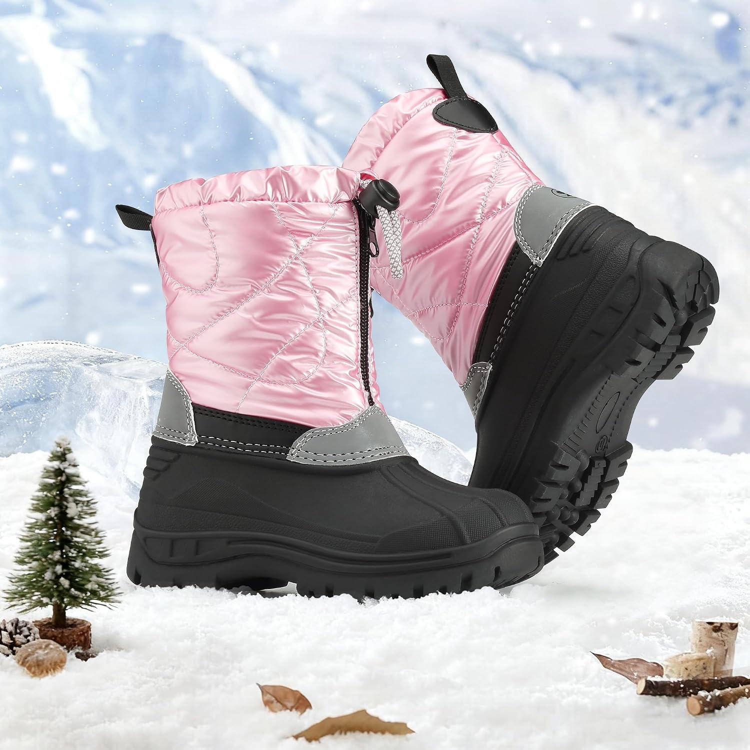Stelle Girls Snow Boots with Zipper Kids Boys Winter Outdoor Boots(Pink)