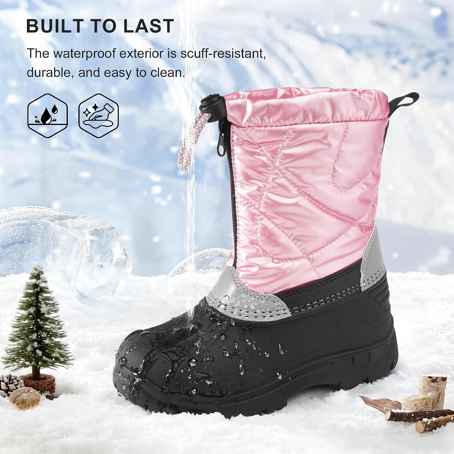 Stelle Girls Snow Boots with Zipper Kids Boys Winter Outdoor Boots(Pink)