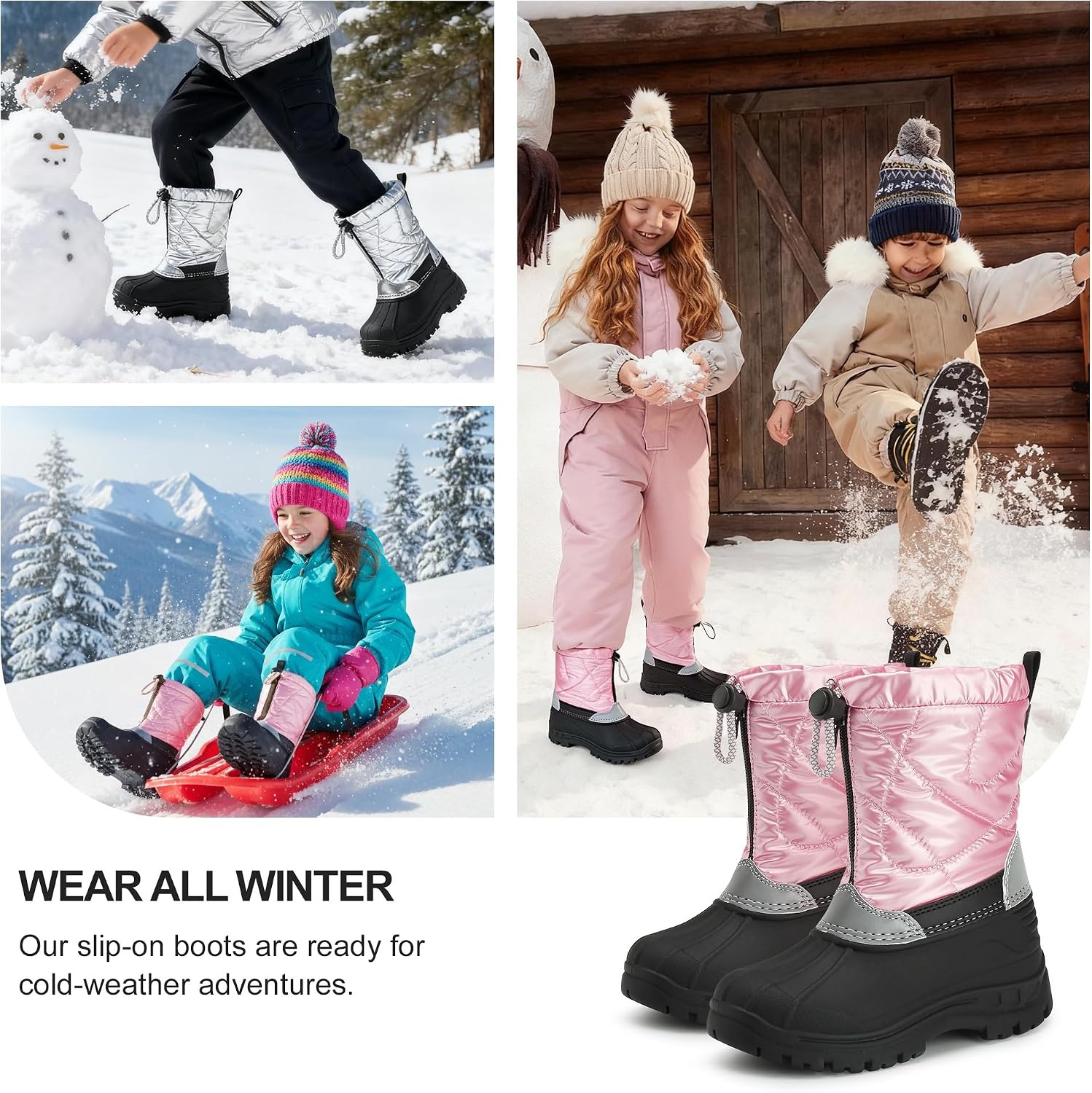 Stelle Girls Snow Boots with Zipper Kids Boys Winter Outdoor Boots(Pink)