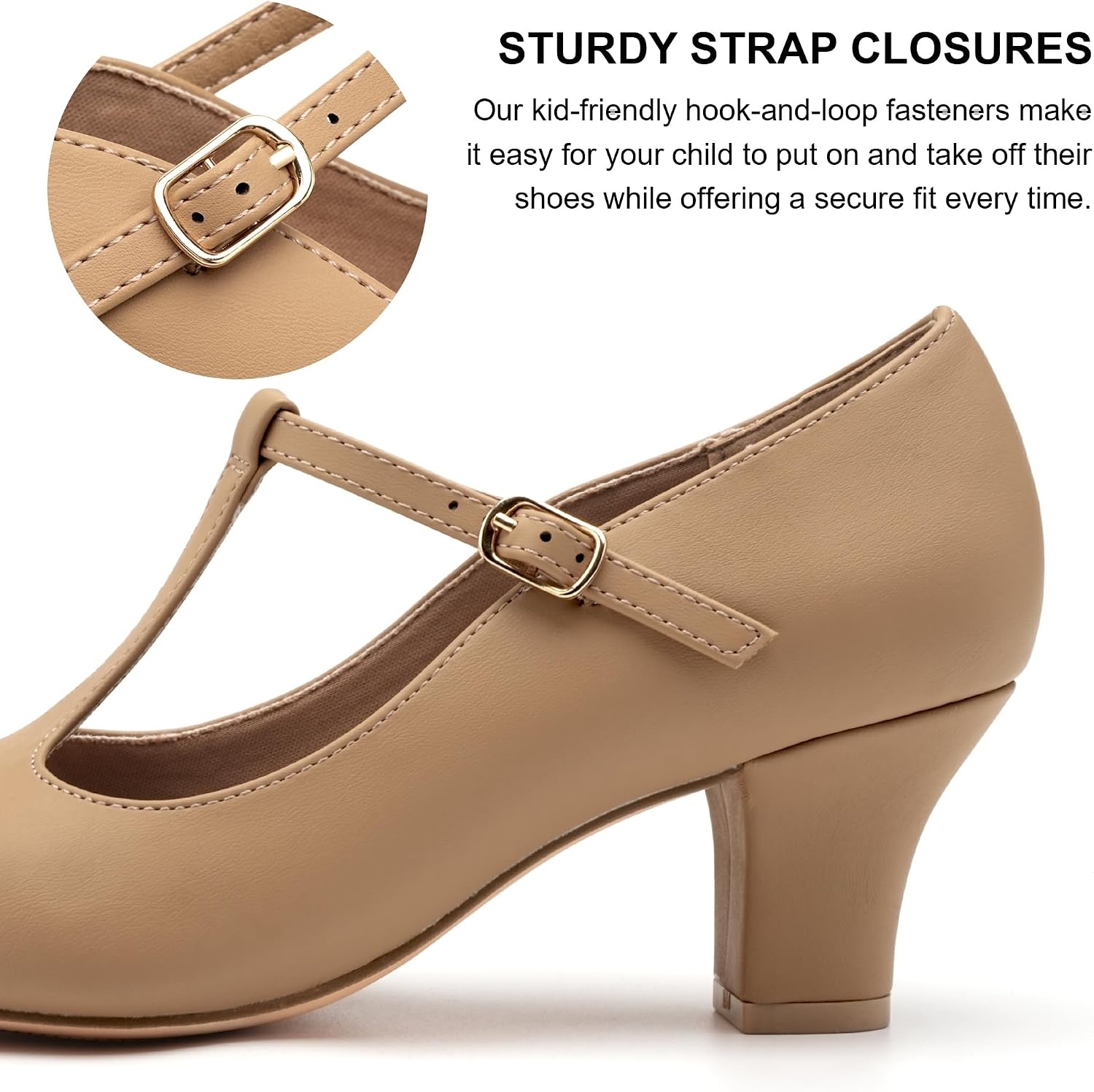 Stelle 2.5″ T-Strap Character Shoes for Women | 2.5-inch heel, T-strap, cushioned insole, rubber outsole, adjustable buckle, stable fit(2.5″tan)