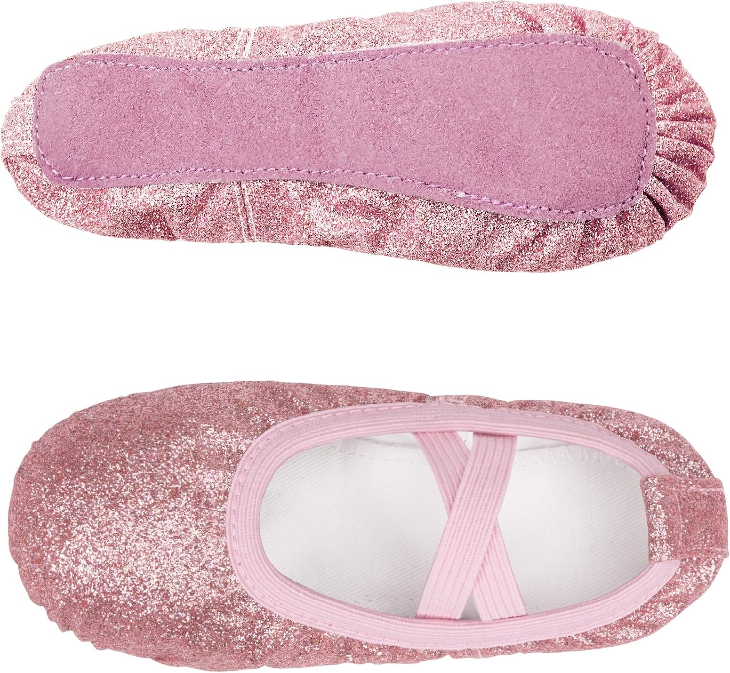 Stelle Ballet Slippers for Girls Glitter Metallic Vegan Leather Full Sole(Rose Glitter)