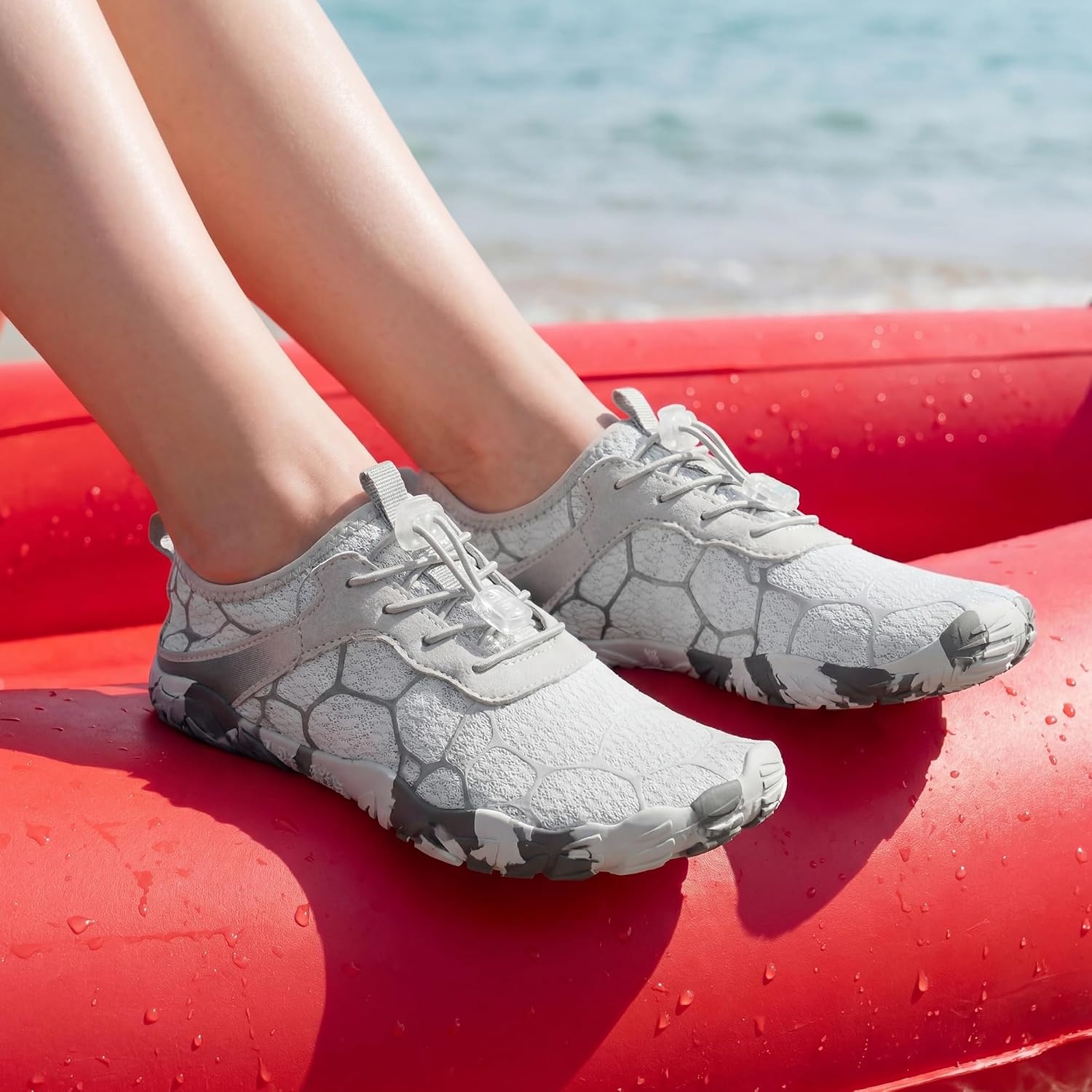 Stelle Water Shoes for Women Adult Aqua Shoes for Swim Lake | River Beach Rafting Kayaking Barefoot Quick-Dry Mesh Lightweight Comfort Adjustable Bungee Laces Non-Slip Rubber Outsole(Chalk)