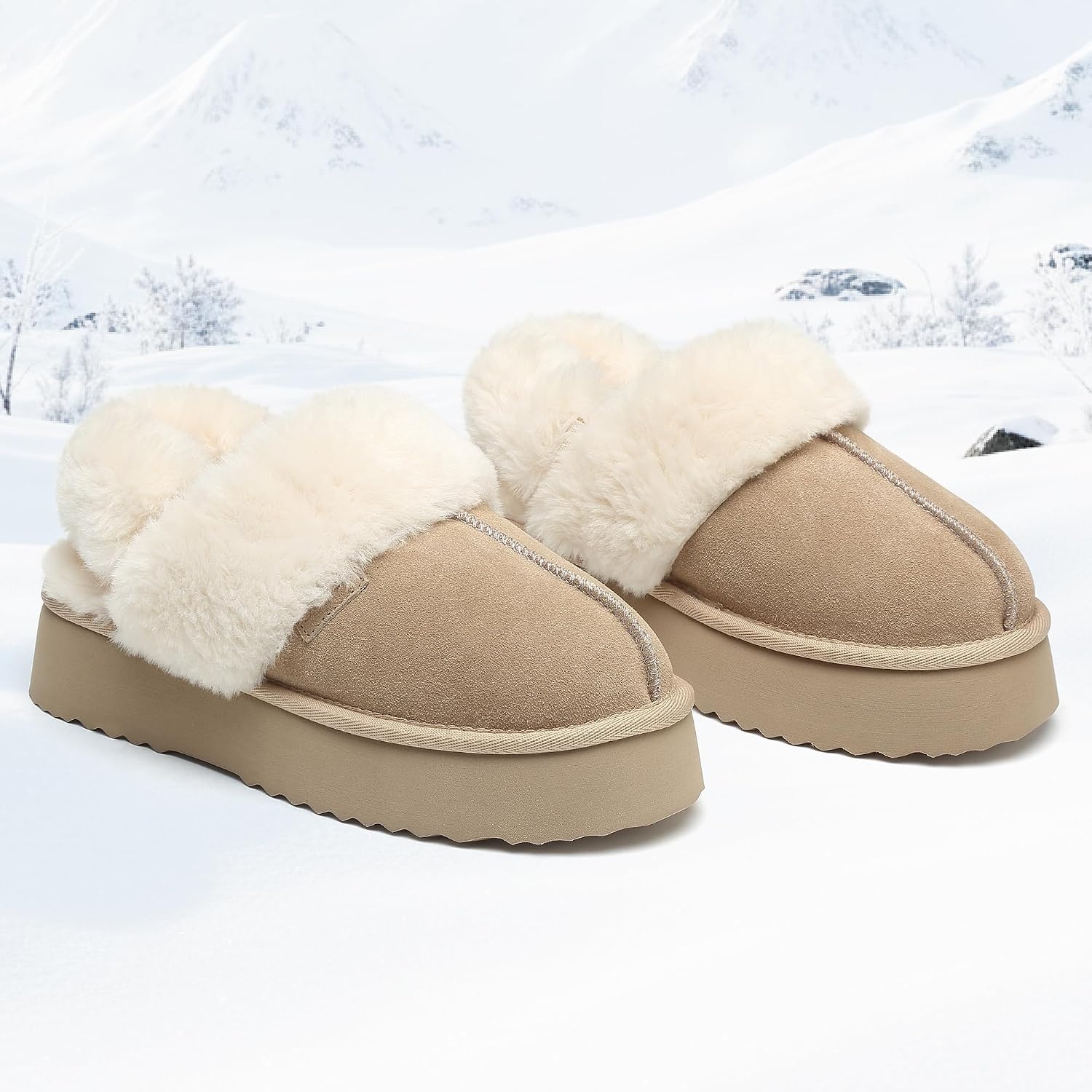 Stelle Genuine Suede Platform Slippers for Women Removable Backstrap Memory Foam Indoor Outdoor Water-Resistant(Dune)