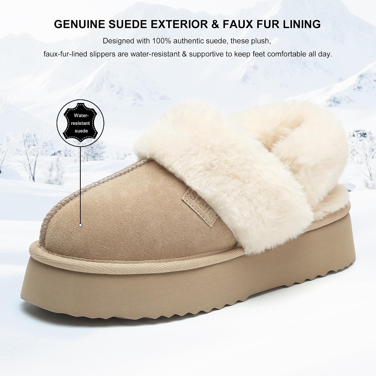 Stelle Genuine Suede Platform Slippers for Women Removable Backstrap Memory Foam Indoor Outdoor Water-Resistant(Dune)