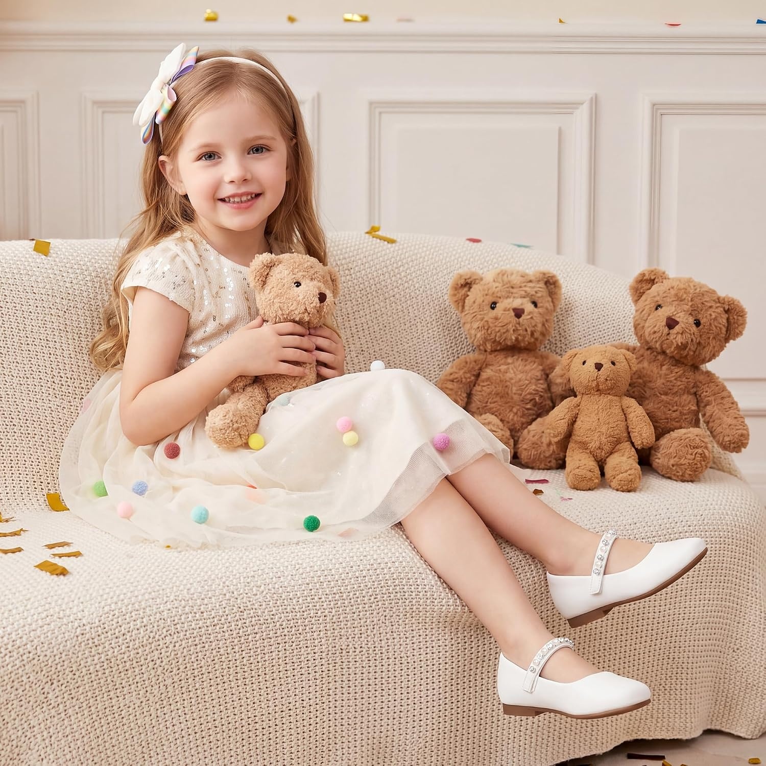 Stelle Girls Wedding Dress Shoes Ballet Flats Flower Party Mary Jane with Beaded Straps Toddler/Little/Big Kids(White)