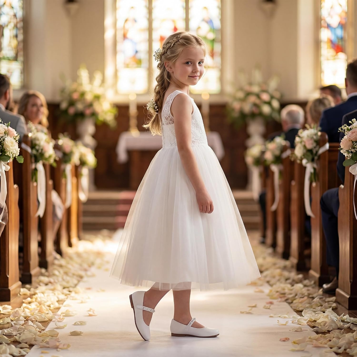 Stelle Girls Wedding Dress Shoes Ballet Flats Flower Party Mary Jane with Beaded Straps Toddler/Little/Big Kids(White)