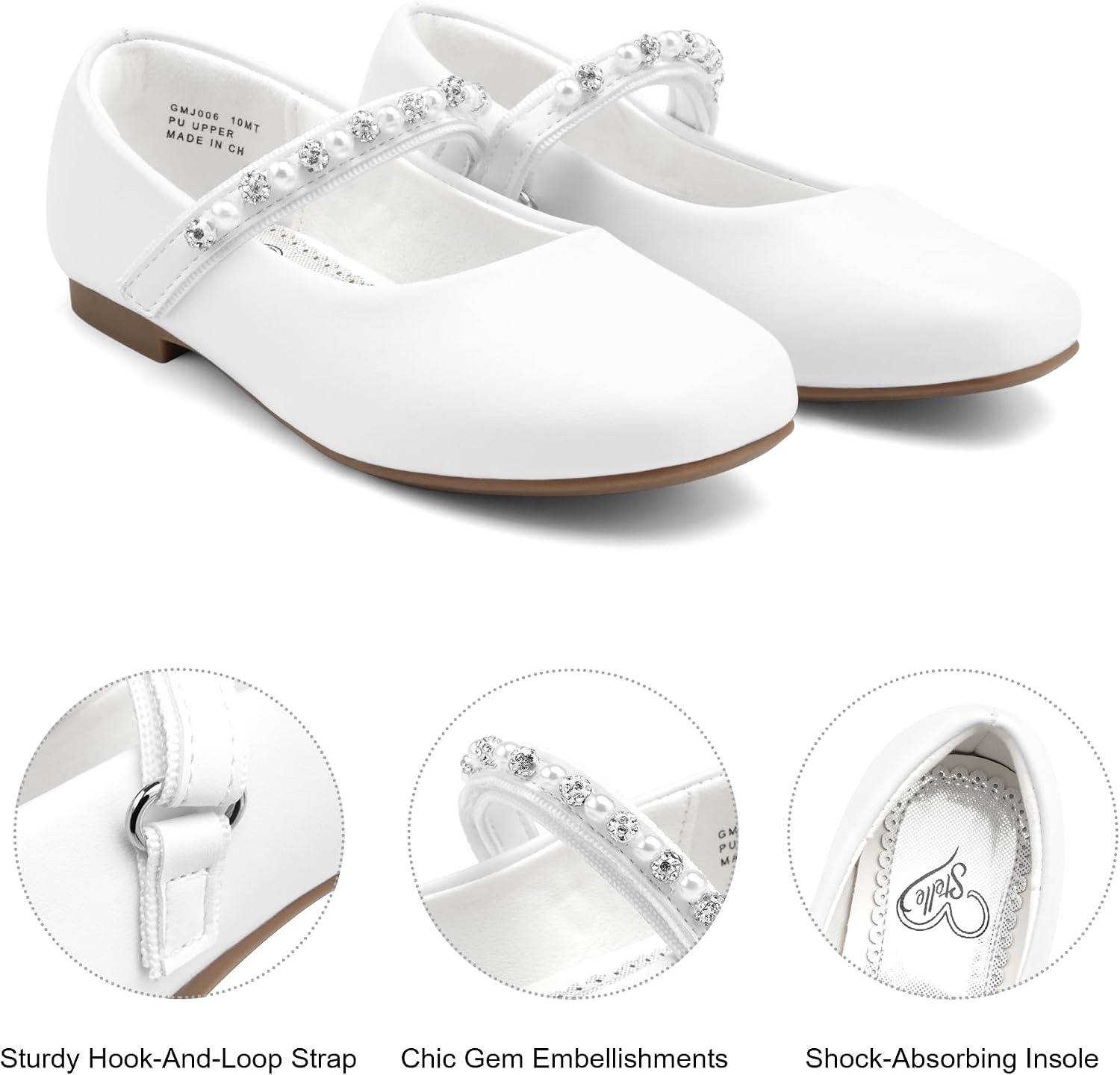 Stelle Girls Wedding Dress Shoes Ballet Flats Flower Party Mary Jane with Beaded Straps Toddler/Little/Big Kids(White)