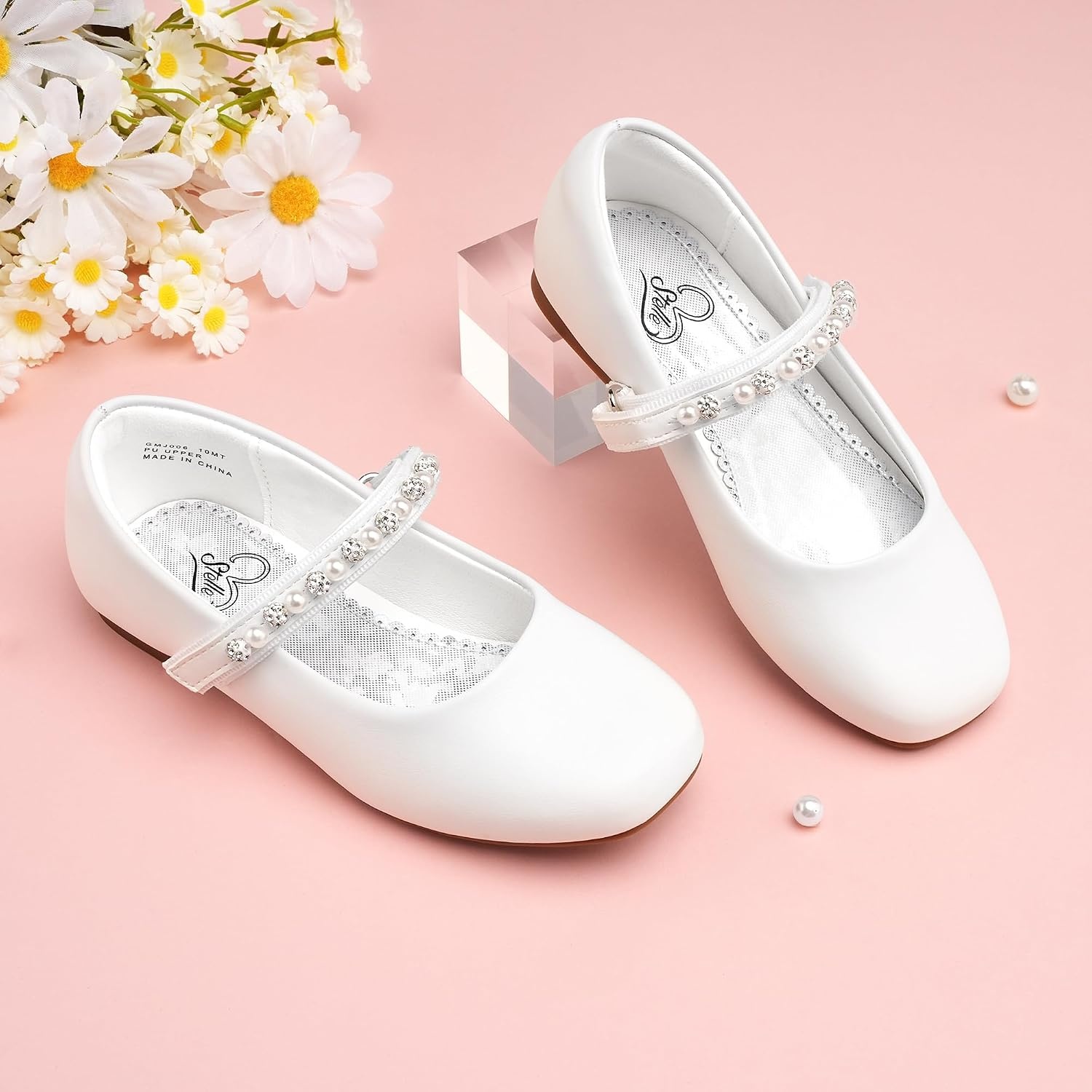 Stelle Girls Wedding Dress Shoes Ballet Flats Flower Party Mary Jane with Beaded Straps Toddler/Little/Big Kids(White)