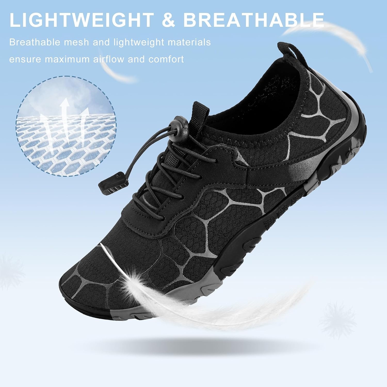 Stelle Water Shoes for Women Adult Aqua Shoes for Swim Lake | River Beach Rafting Kayaking Barefoot Quick-Dry Mesh Lightweight Comfort Adjustable Bungee Laces Non-Slip Rubber Outsole(Black)