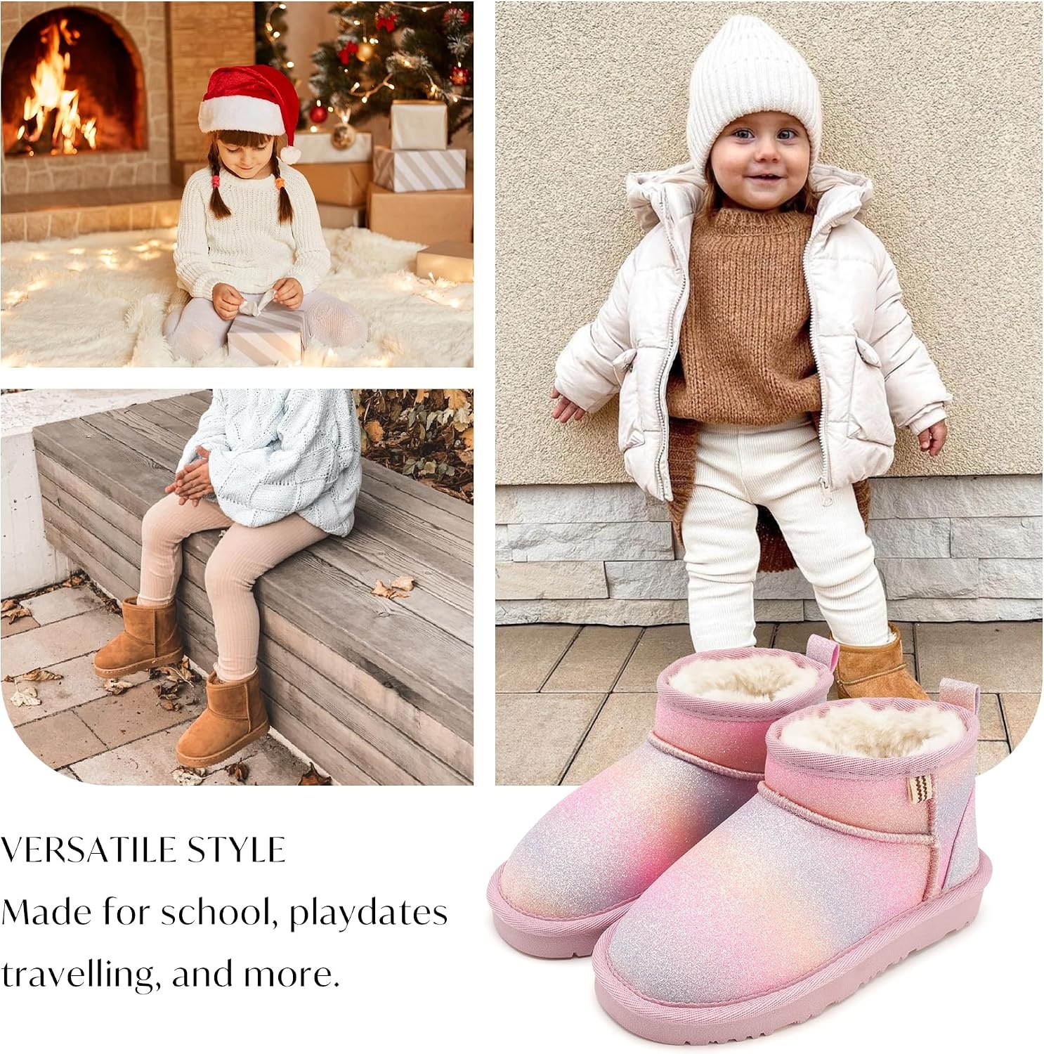 Stelle Kids Snow Boots Girls Boys Winter Ankle Boots | Faux Fur Lined,Faux Suede Upper,Pull-On,TPR Outsole,Cozy,Lightweight,Comfortable,Outdoor,Warm,Toddler,Little Big Kid(Rainbow)