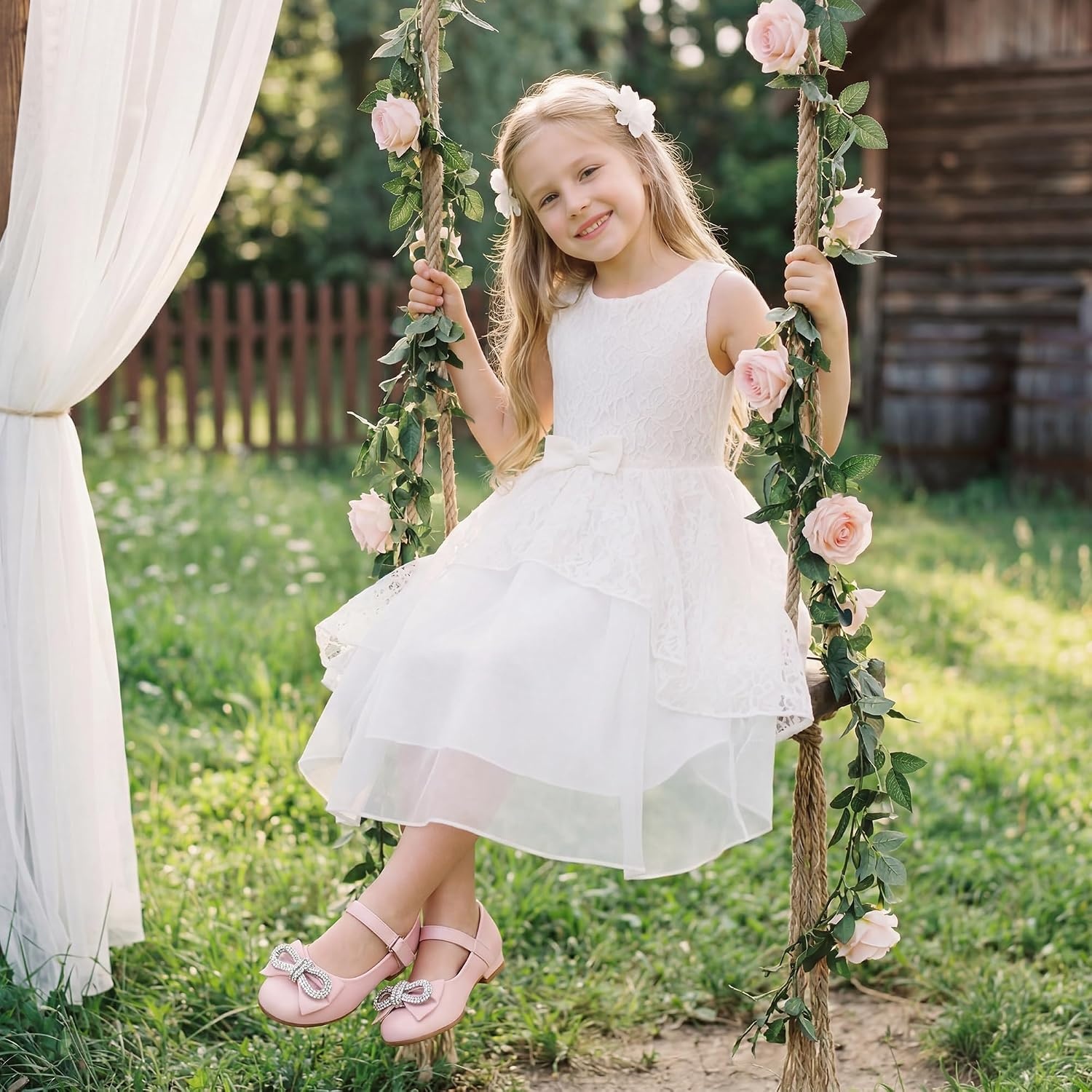 Stelle Dress Shoes for Girls Rhinestone Bow Low Heels for Wedding Party(1-pink)