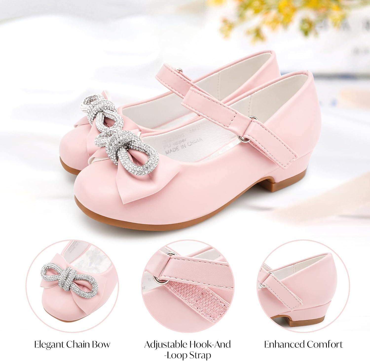 Stelle Dress Shoes for Girls Rhinestone Bow Low Heels for Wedding Party(1-pink)