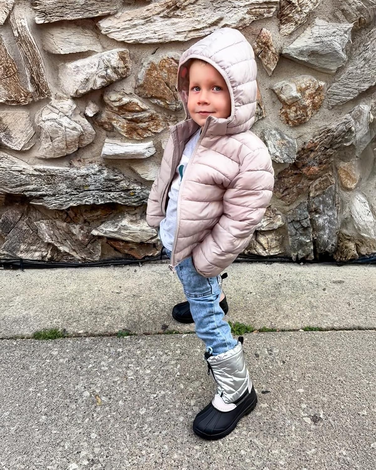 Stelle Girls Snow Boots with Zipper Kids Boys Winter Outdoor Boots | Non-Slip Waterproof TPR Outsole Warm Faux Fur Insulated Lining Easy On/off Cozy Mid-calf Fit with Bungee Adjuster for Toddler(Silver)