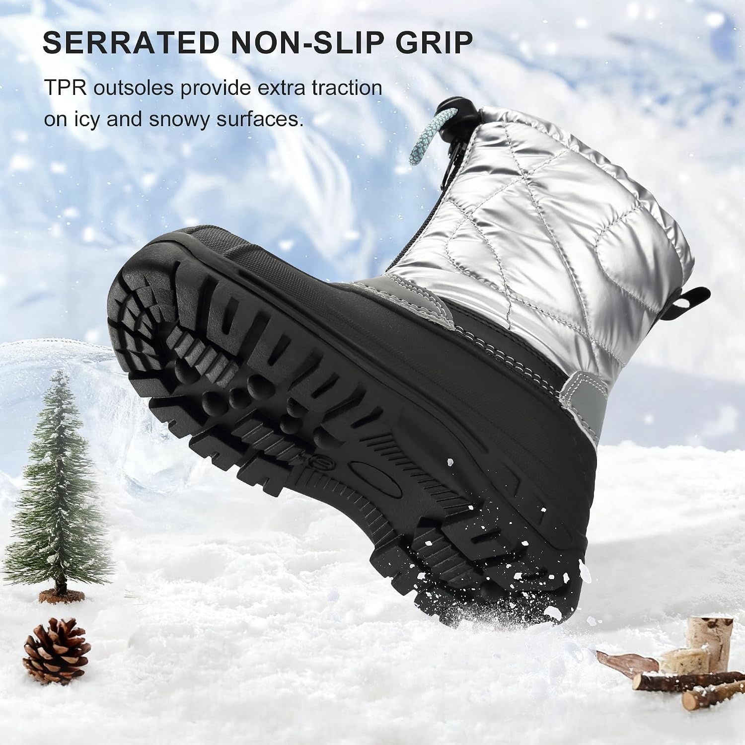 Stelle Girls Snow Boots with Zipper Kids Boys Winter Outdoor Boots | Non-Slip Waterproof TPR Outsole Warm Faux Fur Insulated Lining Easy On/off Cozy Mid-calf Fit with Bungee Adjuster for Toddler(Silver)