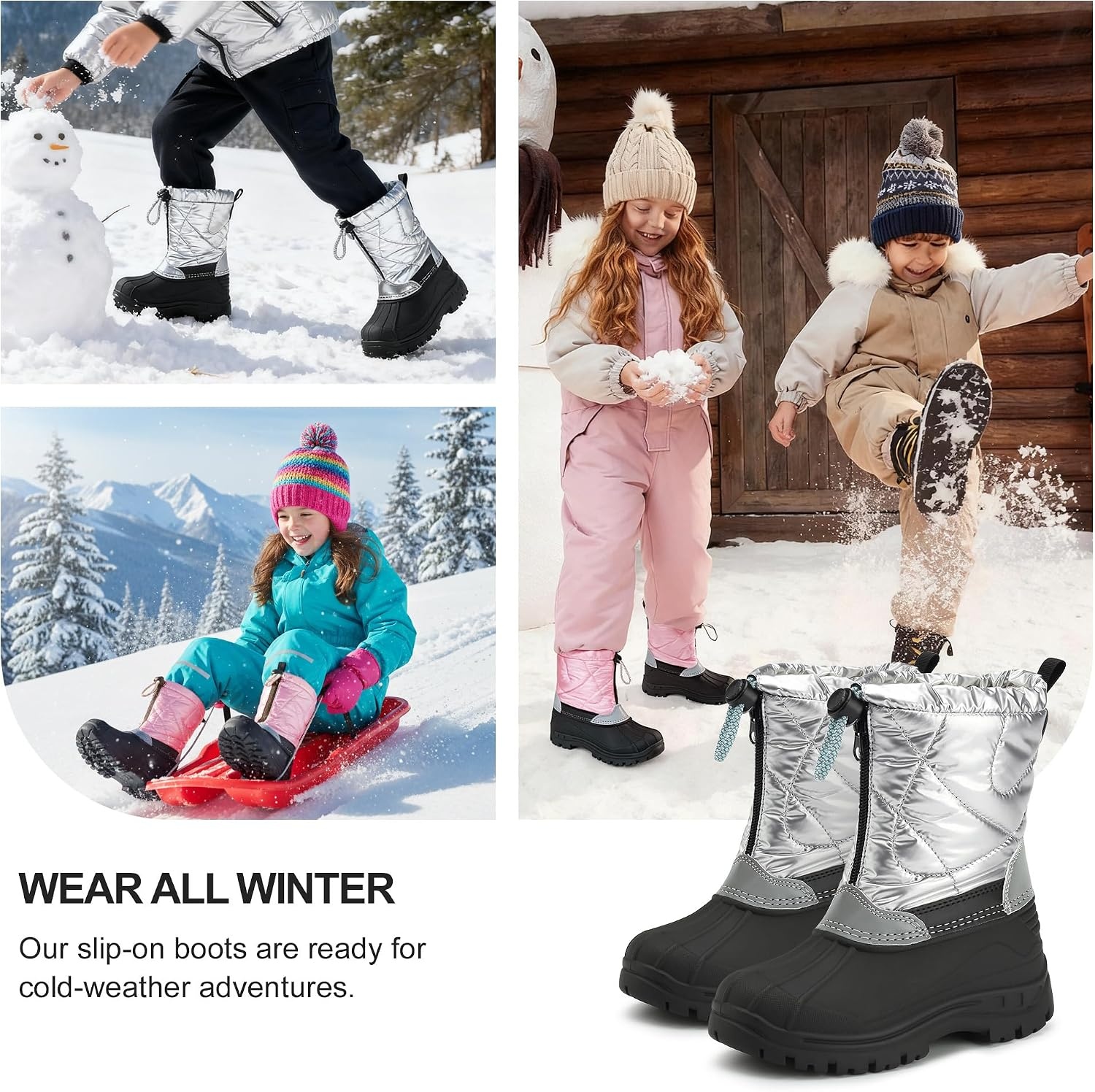 Stelle Girls Snow Boots with Zipper Kids Boys Winter Outdoor Boots | Non-Slip Waterproof TPR Outsole Warm Faux Fur Insulated Lining Easy On/off Cozy Mid-calf Fit with Bungee Adjuster for Toddler(Silver)