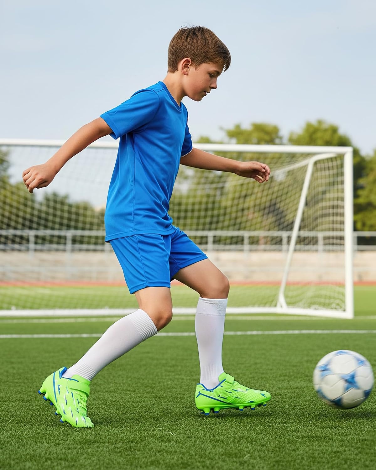 Stelle Boys Soccer Cleats for Kids Girls | Cushioned Comfort Breathable Lining Firm Ground Hook-and-Loop Strap Lightning Design Baseball&Softball Little to Big Kids(Neon Green)