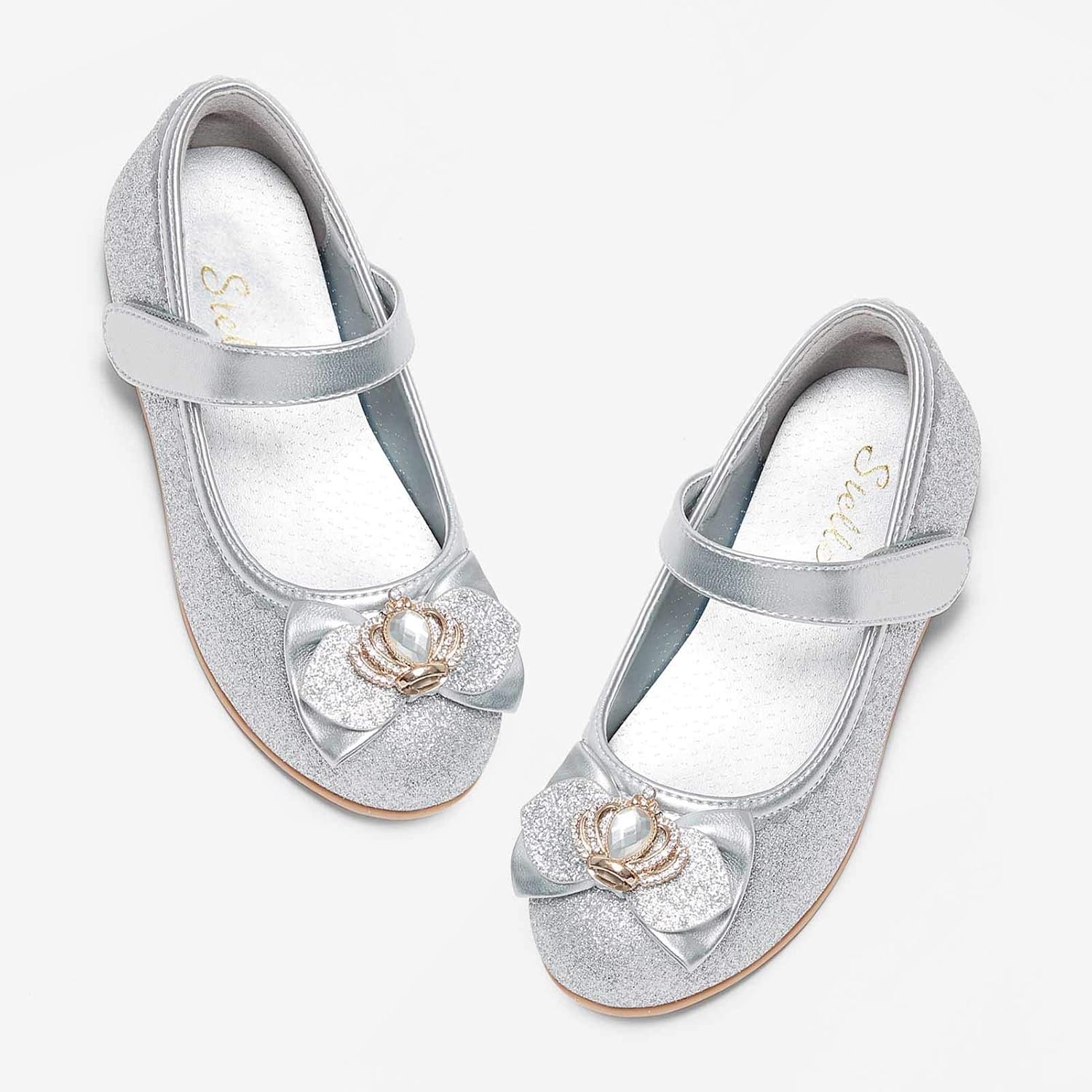 Stelle Girls Dress Shoes Glitter Princess Low Heels for Party Wedding Prom(T16-silver Glitter)