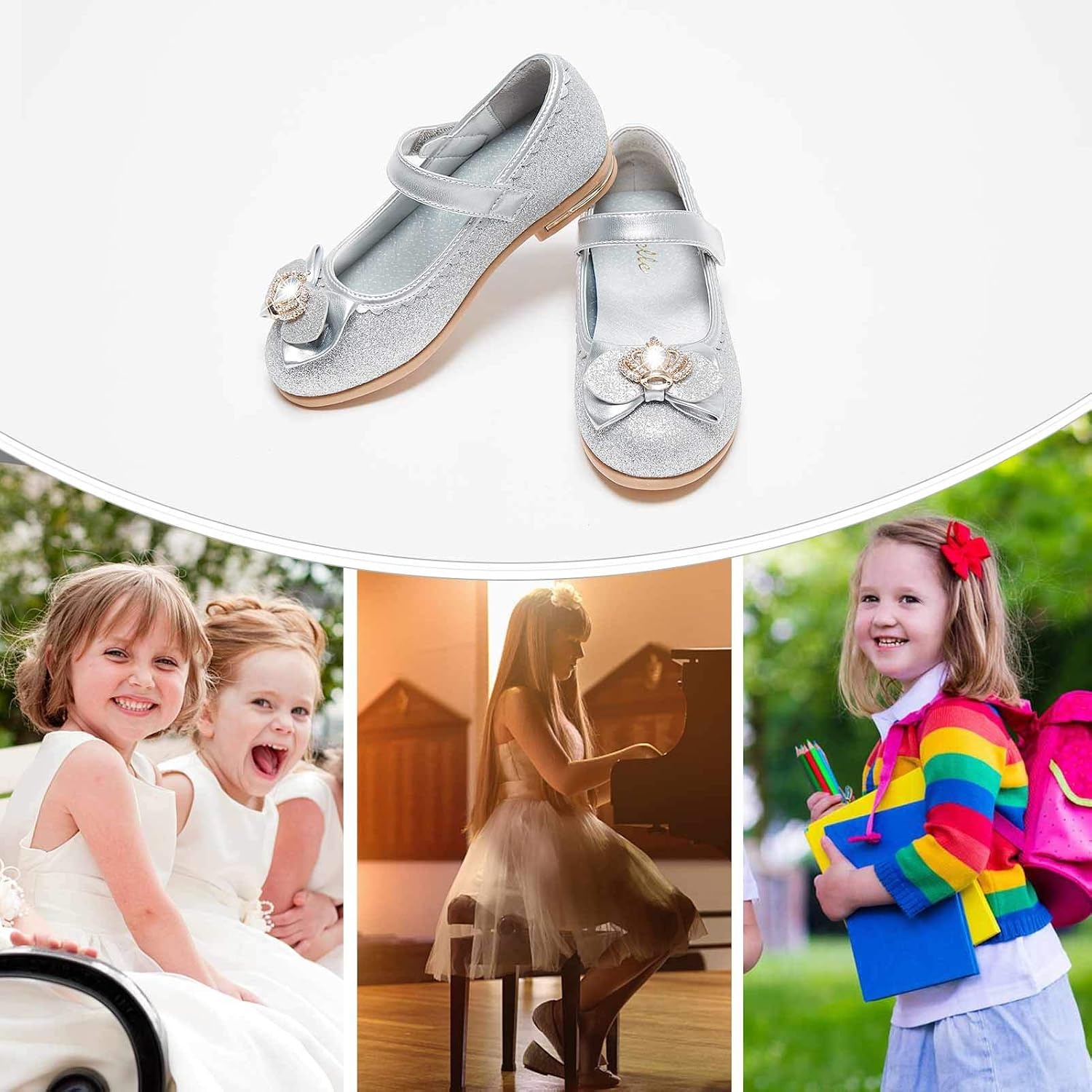 Stelle Girls Dress Shoes Glitter Princess Low Heels for Party Wedding Prom(T16-silver Glitter)