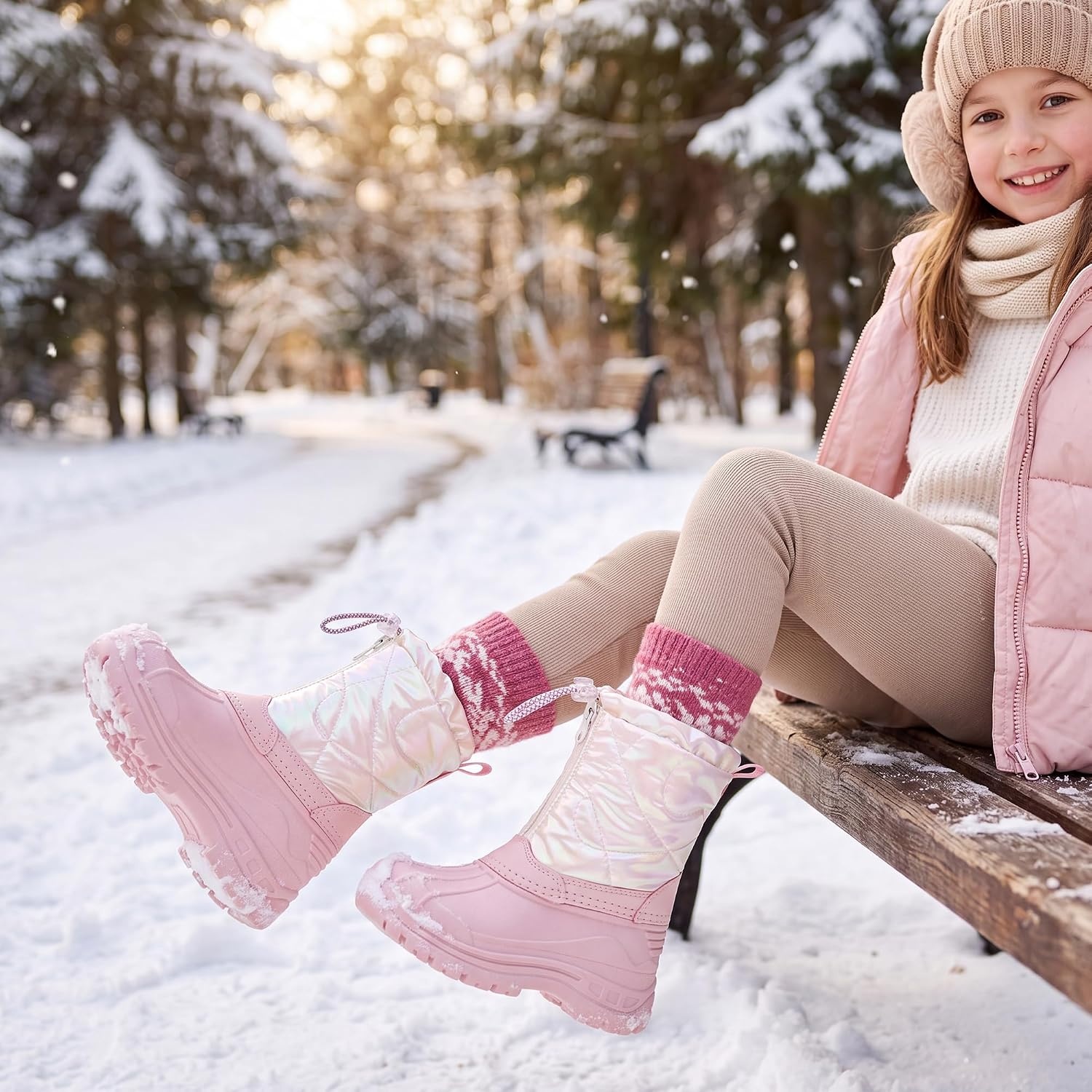 Stelle Girls Snow Boots with Zipper Kids Boys Winter Outdoor Boots(Iridescent Pink)