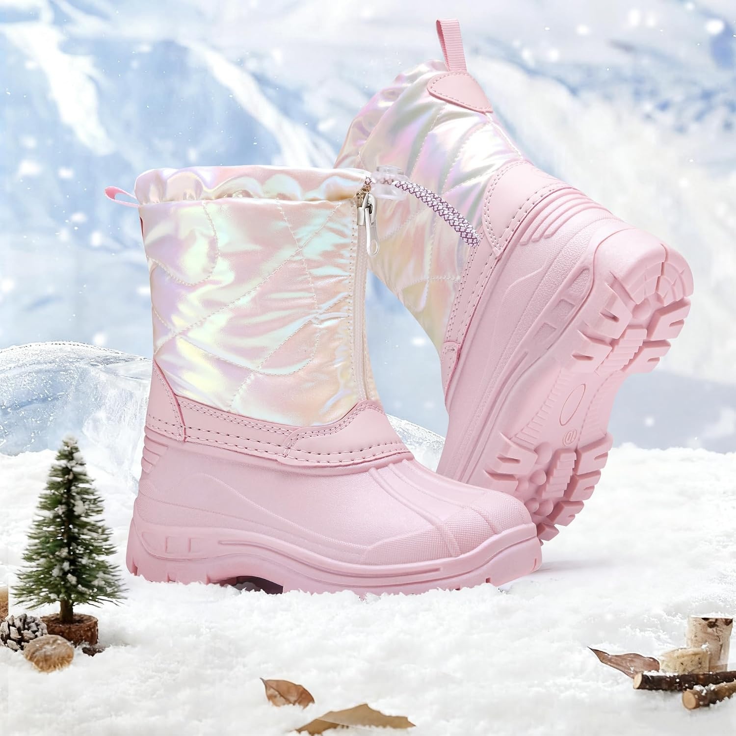 Stelle Girls Snow Boots with Zipper Kids Boys Winter Outdoor Boots(Iridescent Pink)