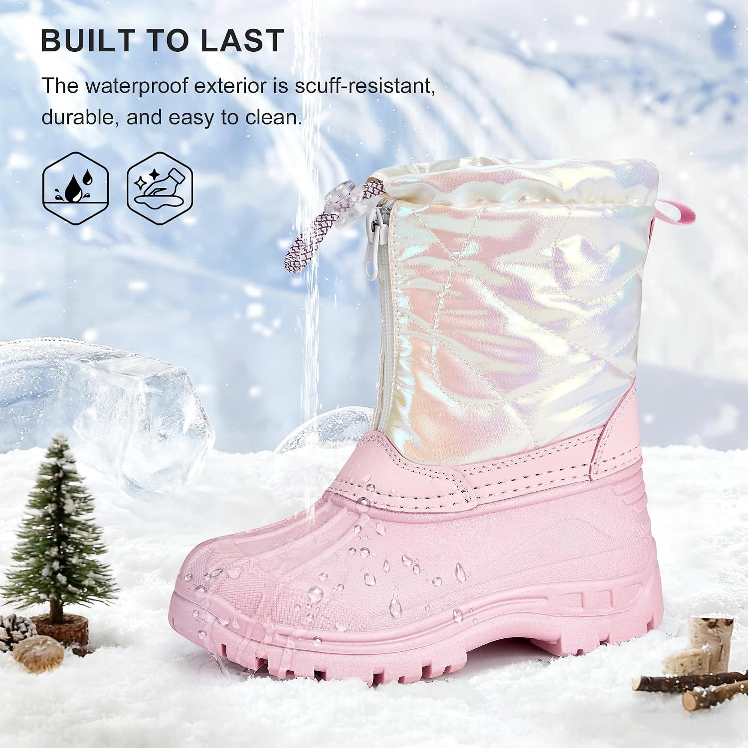 Stelle Girls Snow Boots with Zipper Kids Boys Winter Outdoor Boots(Iridescent Pink)