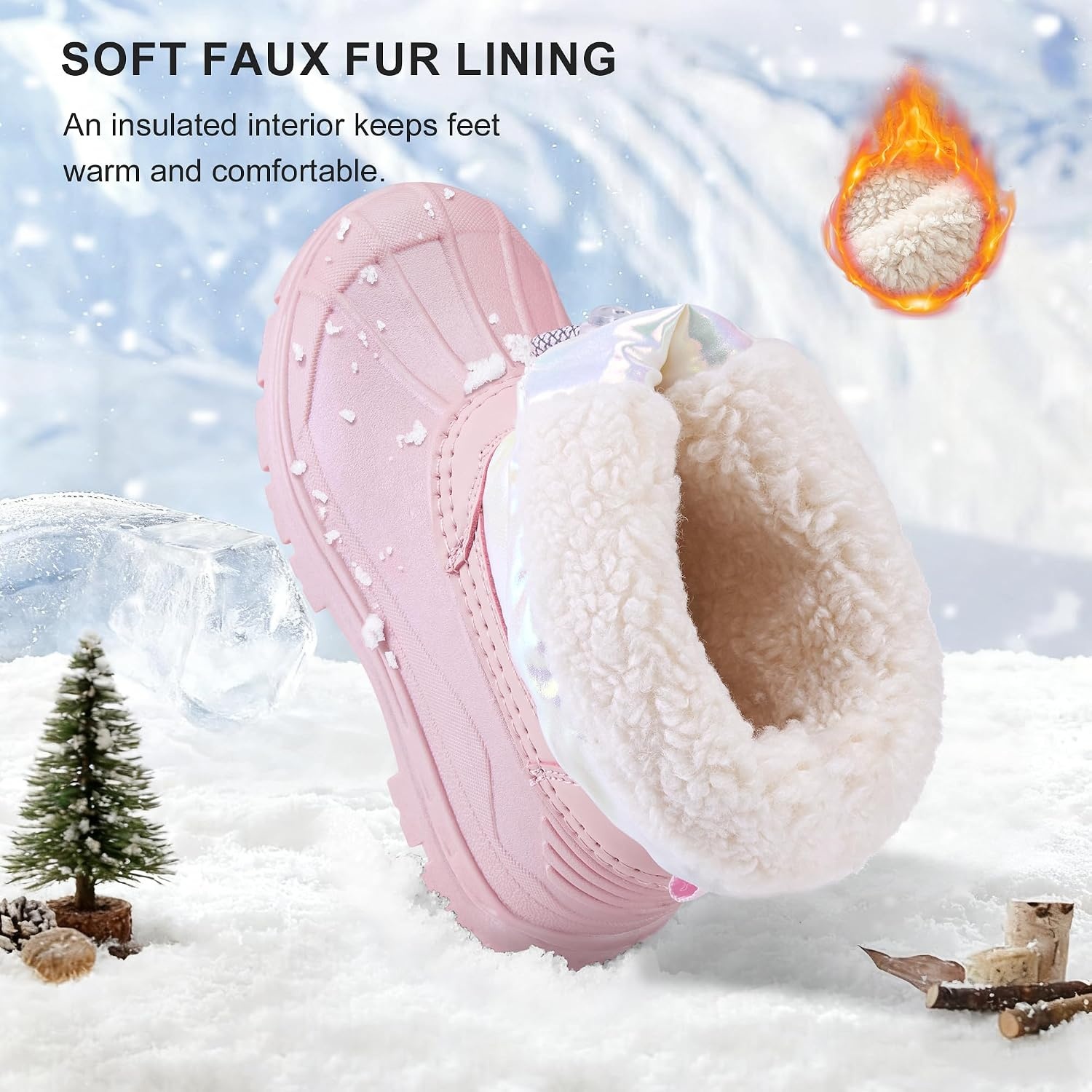 Stelle Girls Snow Boots with Zipper Kids Boys Winter Outdoor Boots(Iridescent Pink)