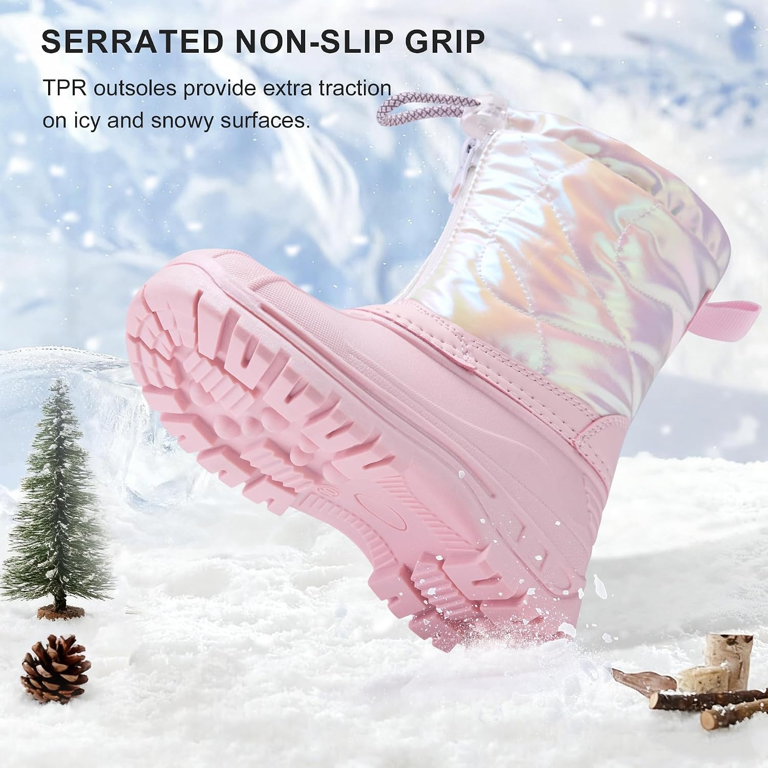 Stelle Girls Snow Boots with Zipper Kids Boys Winter Outdoor Boots(Iridescent Pink)