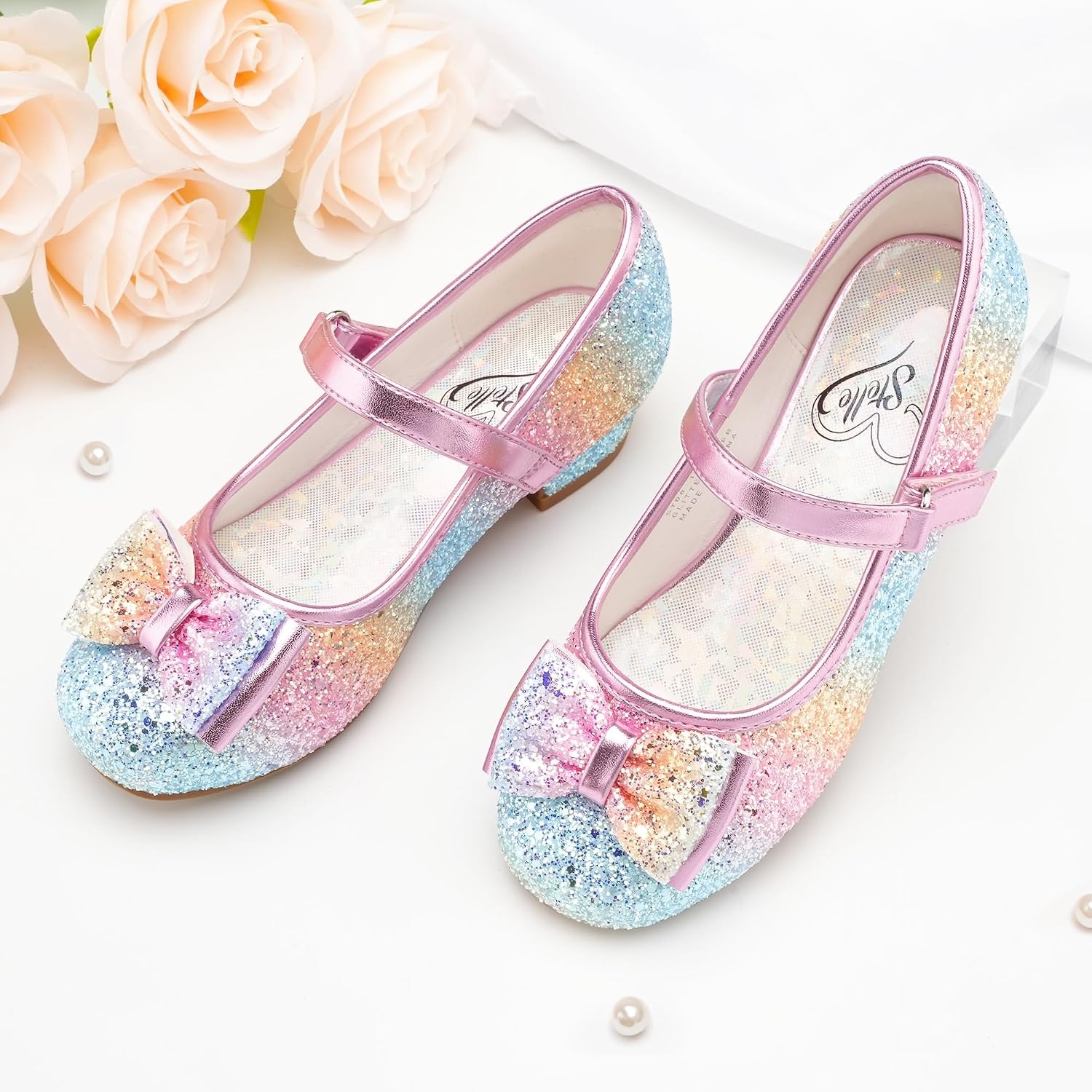 Stelle Girls Dress Shoes Glitter Princess Low Heels for Party Wedding Prom(T08-prism)