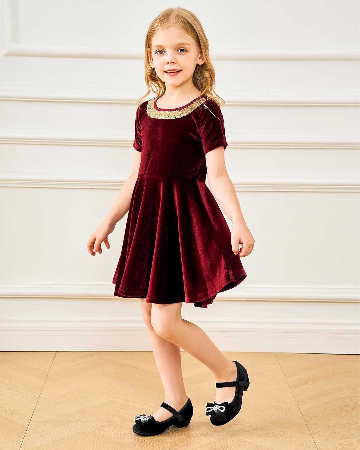 Stelle Dress Shoes for Girls Rhinestone Bow Low Heels for Wedding Party(Black(velvet))