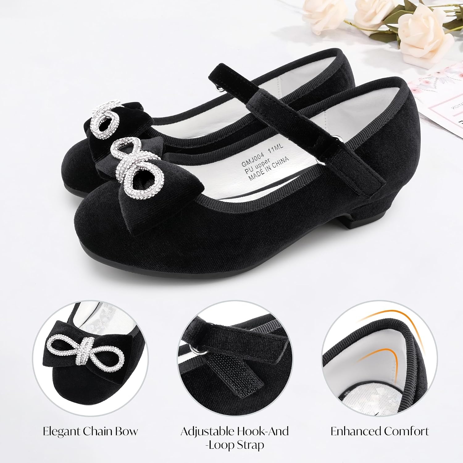 Stelle Dress Shoes for Girls Rhinestone Bow Low Heels for Wedding Party(Black(velvet))
