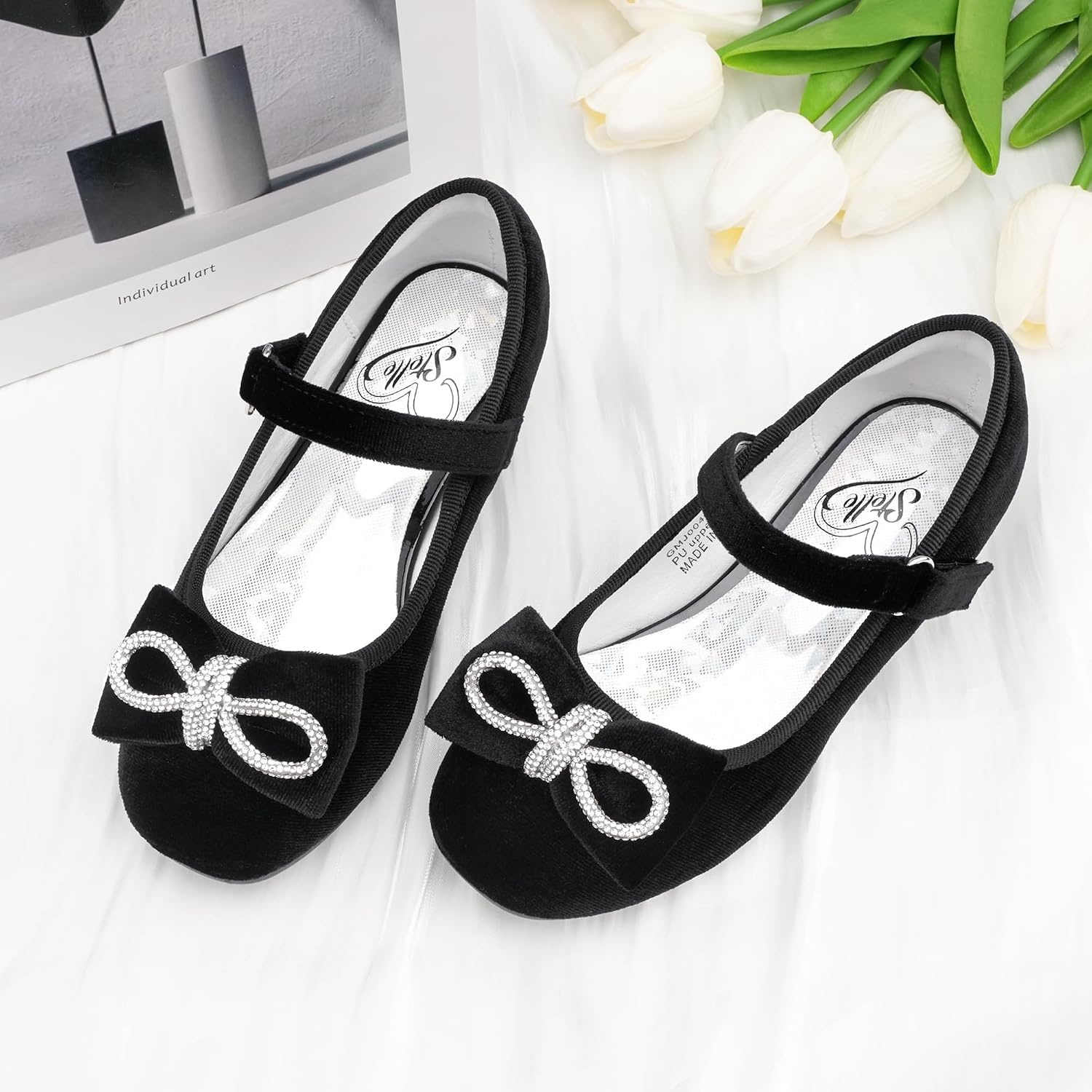 Stelle Dress Shoes for Girls Rhinestone Bow Low Heels for Wedding Party(Black(velvet))
