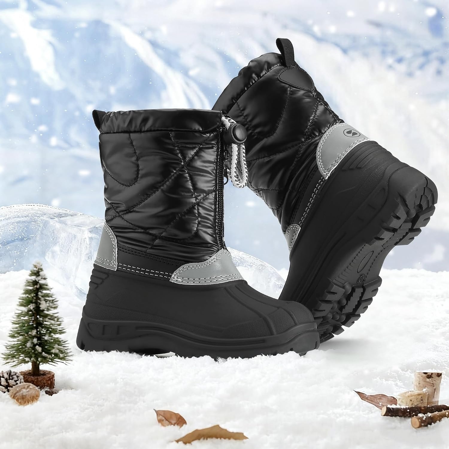 Stelle Girls Snow Boots with Zipper Kids Boys Winter Outdoor Boots(Black)