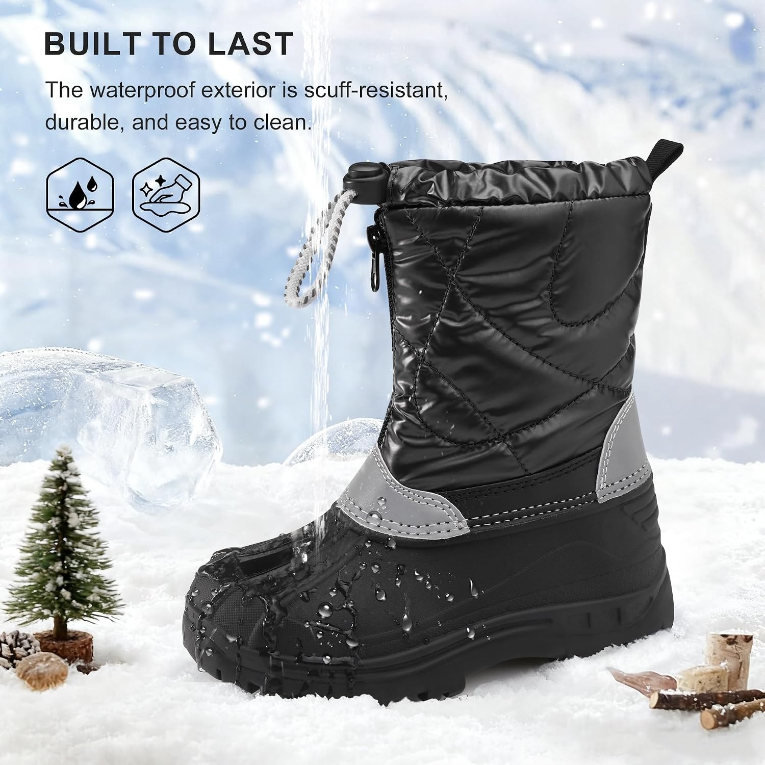 Stelle Girls Snow Boots with Zipper Kids Boys Winter Outdoor Boots(Black)