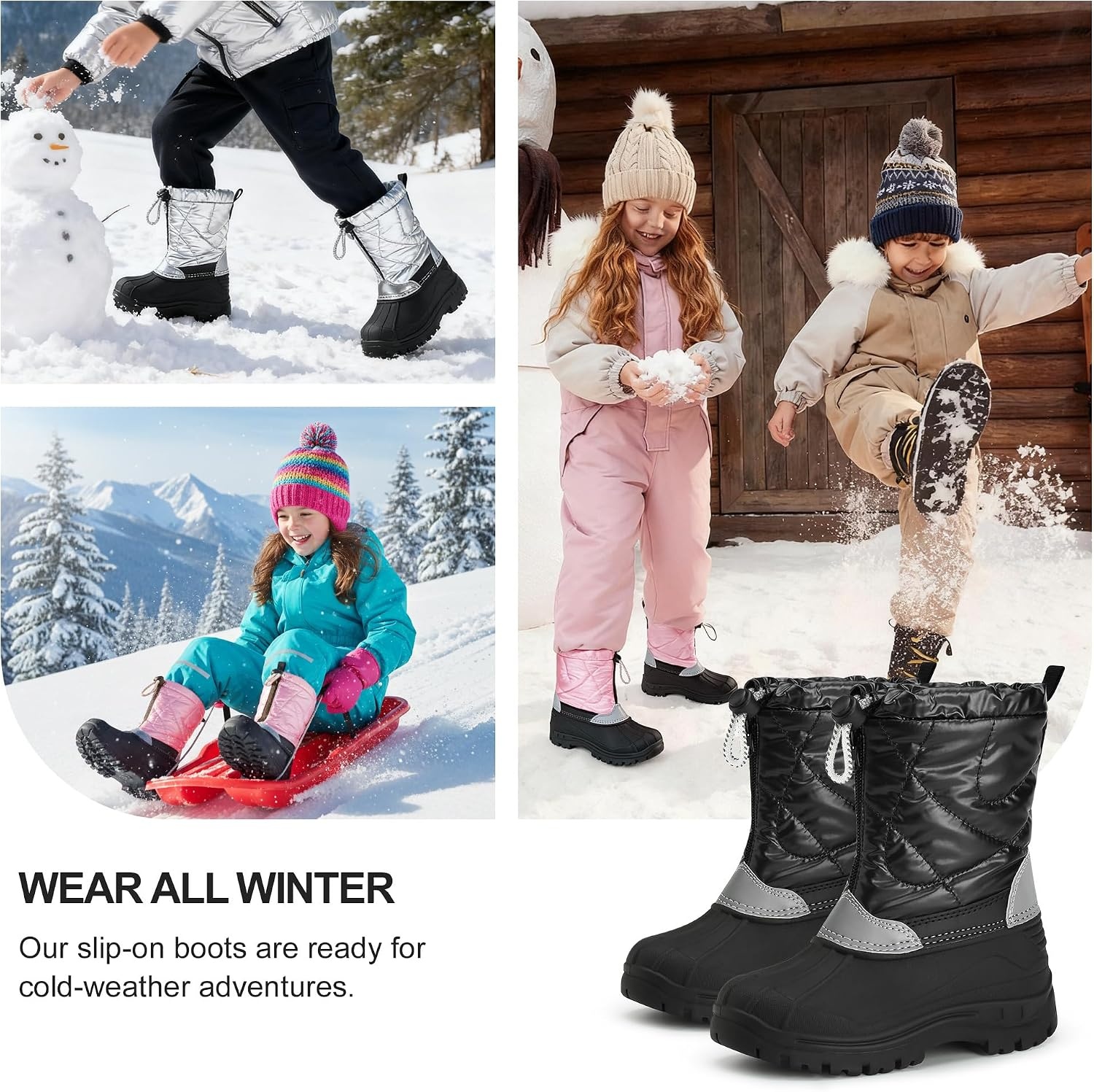 Stelle Girls Snow Boots with Zipper Kids Boys Winter Outdoor Boots(Black)
