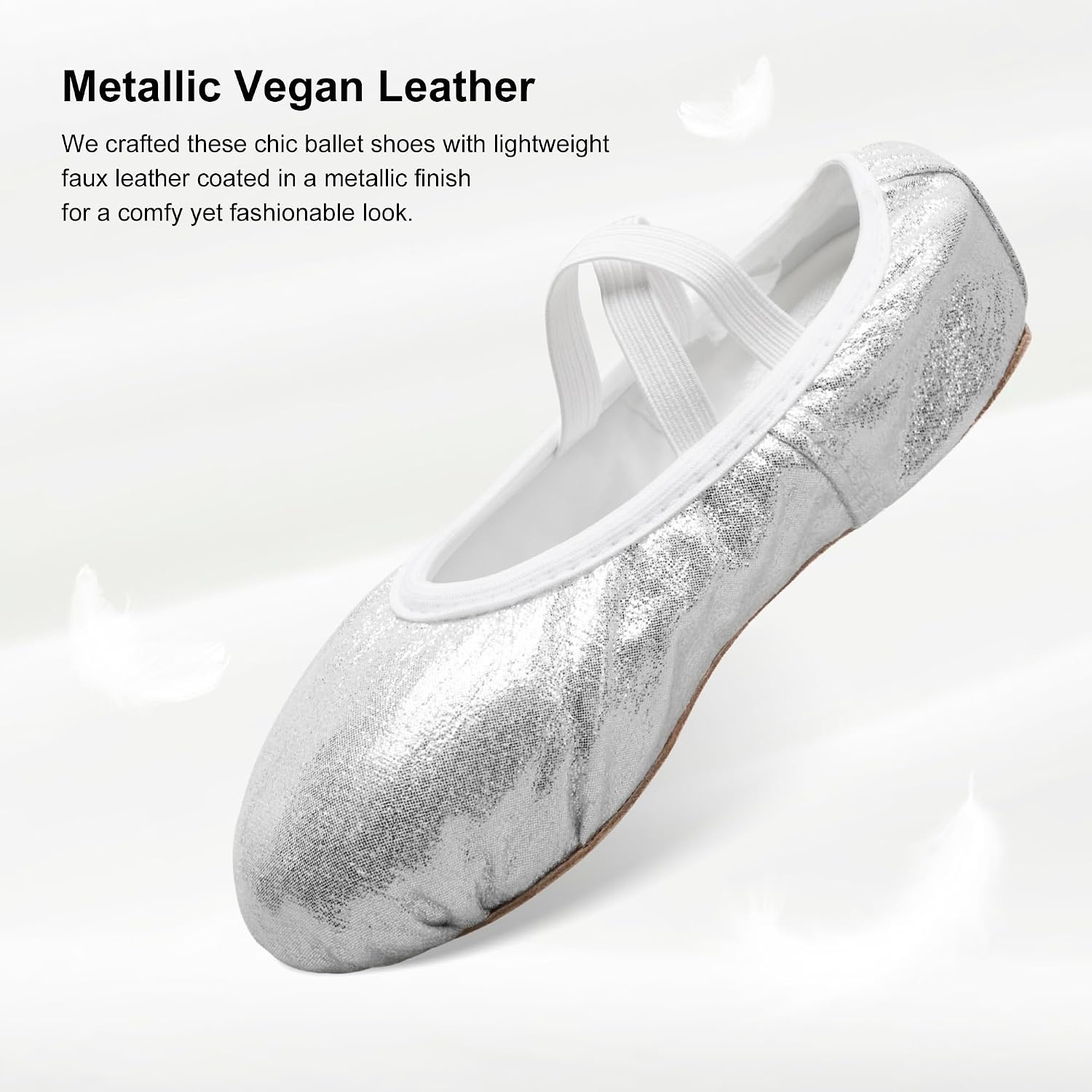 Stelle Ballet Slippers for Girls Glitter Metallic Vegan Leather Full Sole(Silver)