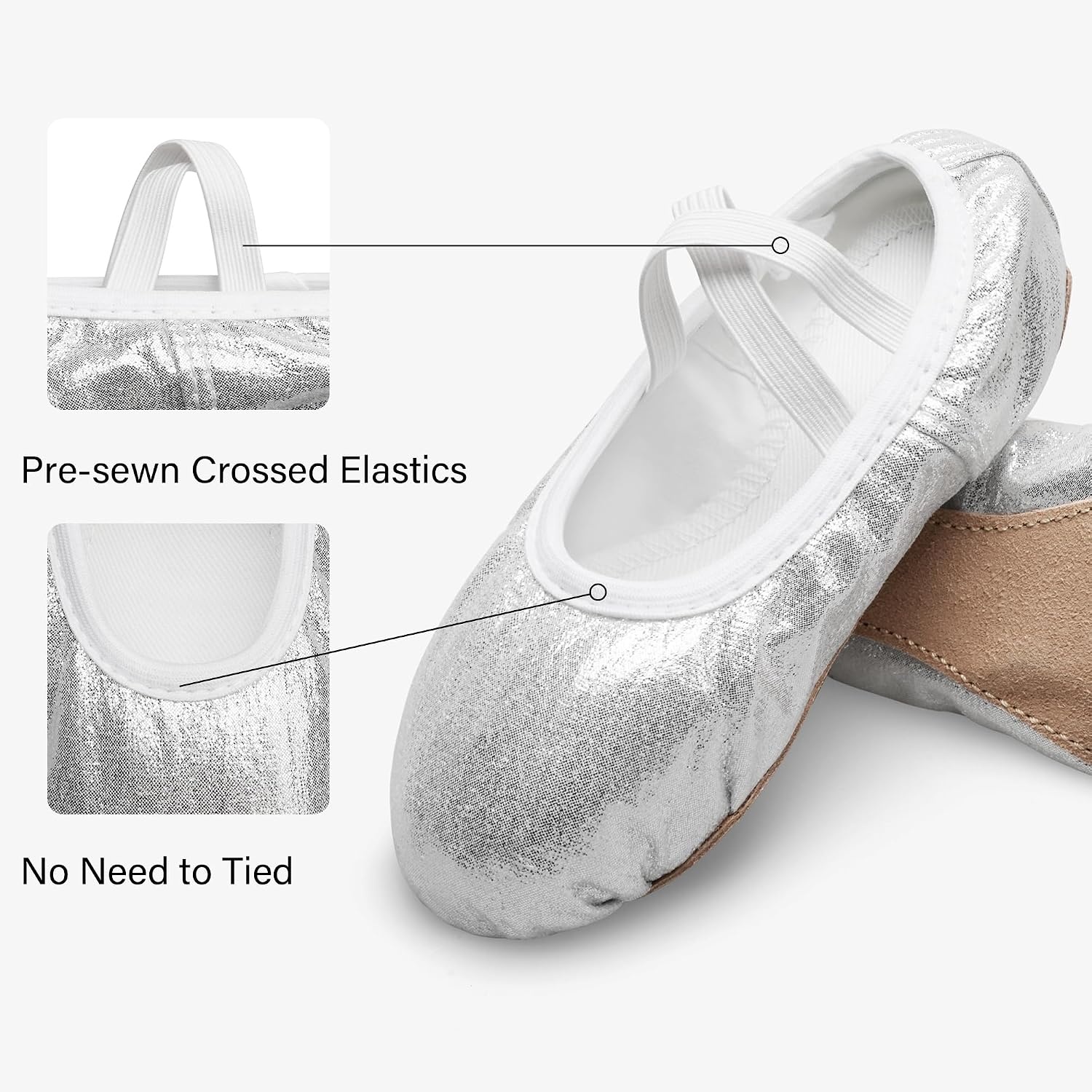 Stelle Ballet Slippers for Girls Glitter Metallic Vegan Leather Full Sole(Silver)