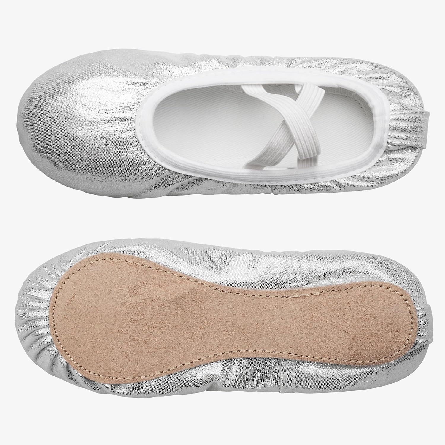 Stelle Ballet Slippers for Girls Glitter Metallic Vegan Leather Full Sole(Silver)