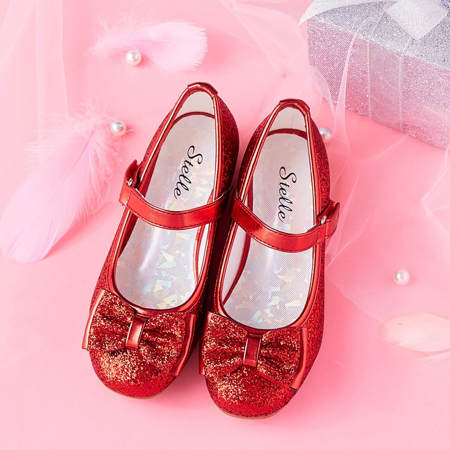 Stelle Girls Dress Shoes Glitter Princess Low Heels for Party Wedding Prom(T08-ruby Red Glitter)
