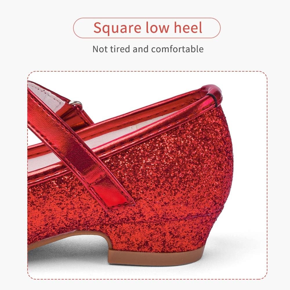 Stelle Girls Dress Shoes Glitter Princess Low Heels for Party Wedding Prom(T08-ruby Red Glitter)