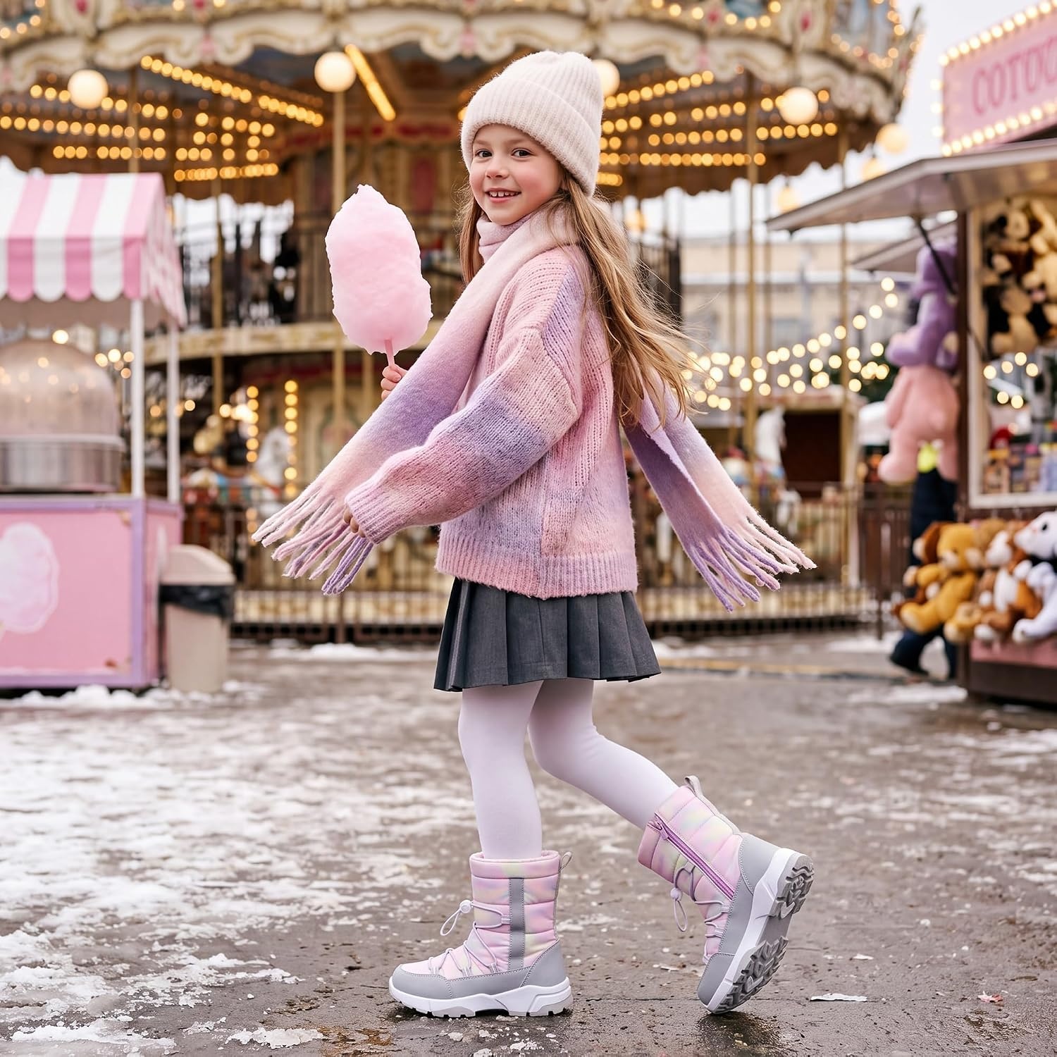 Stelle Girls Snow Boots with Side Zipper Kids Warm Winter Boots(Cotton Candy Marble)