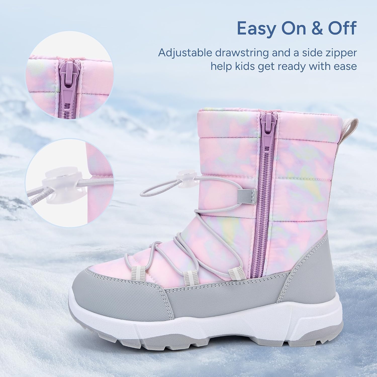 Stelle Girls Snow Boots with Side Zipper Kids Warm Winter Boots(Cotton Candy Marble)
