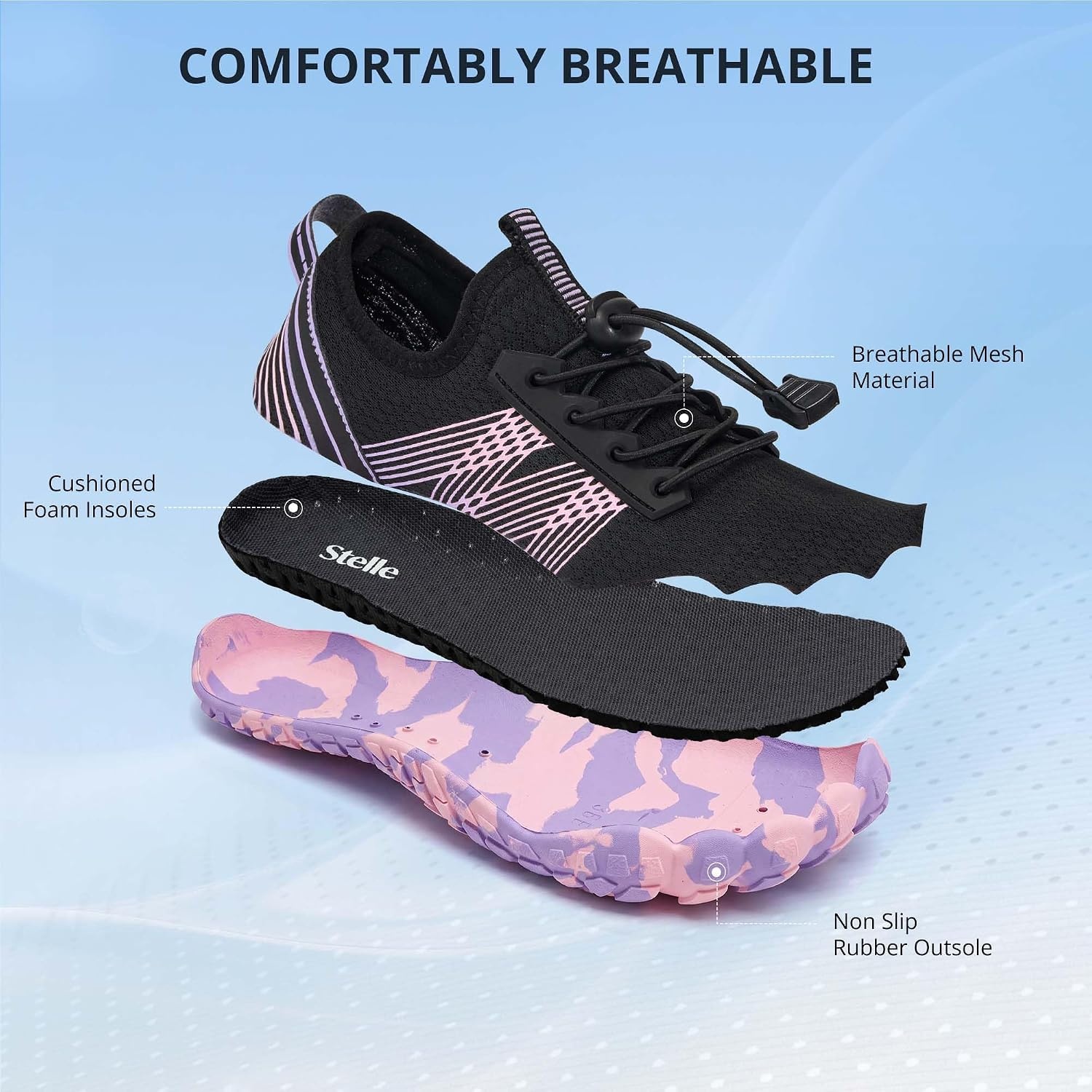 Stelle Womens Water Shoes for Men Adult Aqua Shoes for Swim River | Hiking Beach Boat Pool Quick-Dry Mesh Barefoot Non-Slip Rubber Outsole Lightweight Easy-On Pull Tabs Water Sports(Black Orchid)
